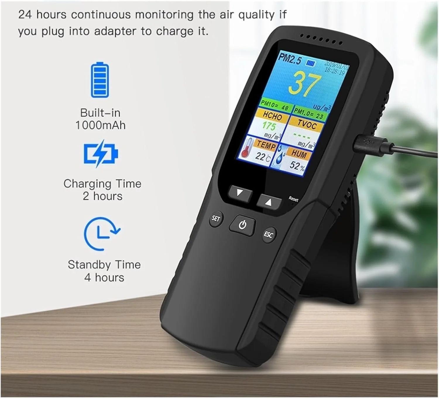 دستگاه مانیتورینگ کیفیت هوا 9 در 1، مانیتور کیفیت هوای داخلی و خارجی PM2.5، PM1.0، PM10، HCHO، دستگاه تست دما و رطوبت، سنسور عمر باتری طولانی