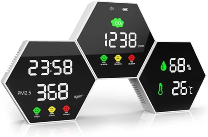 دستگاه تشخیص کیفیت هوا دیواری با زنگ هشدار، نمایش زمان، تست دما و رطوبت برای دی اکسید کربن PM2.5 و مانیتور دما و رطوبت شش ضلعی