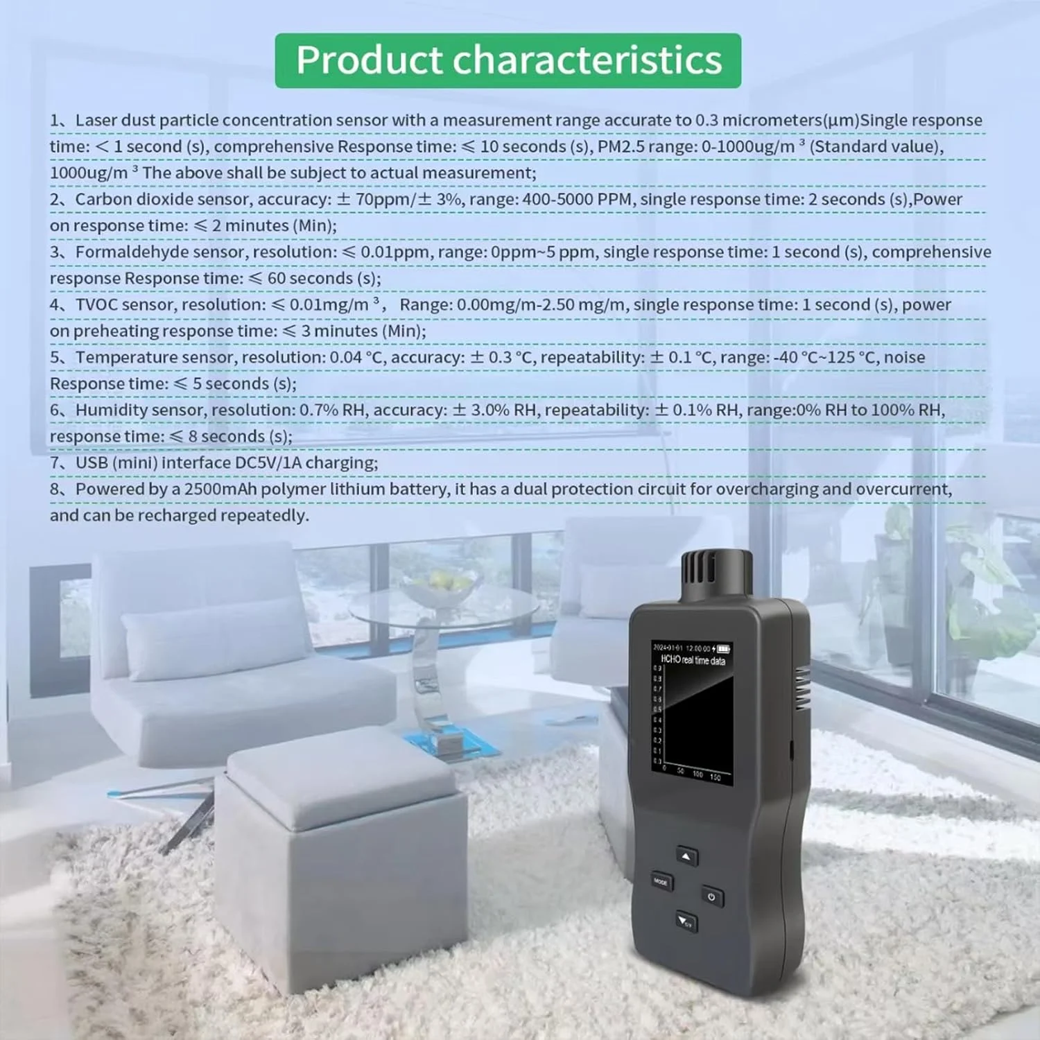 دستگاه اندازه گیری دما، رطوبت، فرمالدهید، دی اکسید کربن، PM2.5، TVOC، آشکارساز هوا و سنجش آلودگی هوا برای محیط داخلی خانه