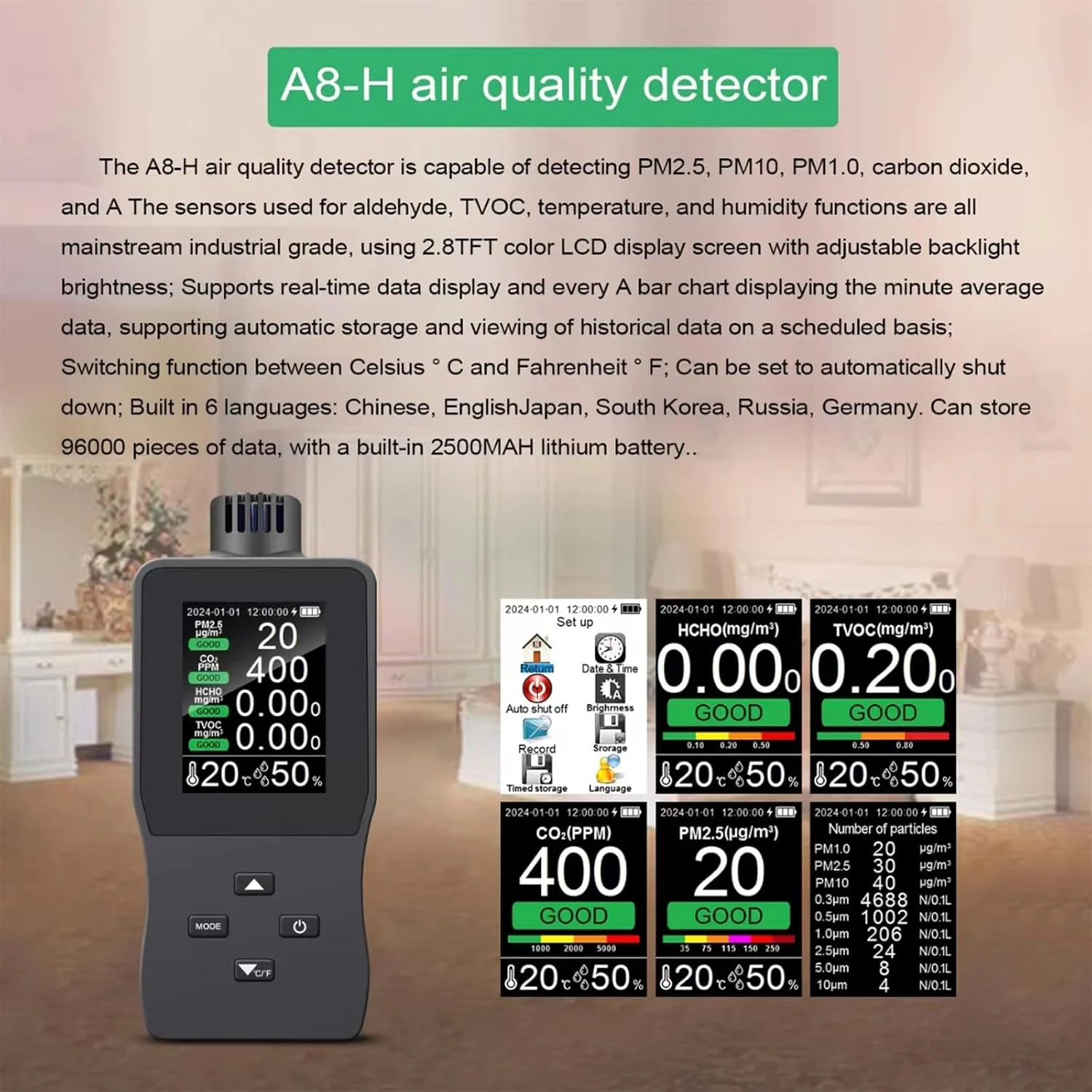 دستگاه اندازه گیری دما، رطوبت، فرمالدهید، دی اکسید کربن، PM2.5، TVOC، آشکارساز هوا و سنجش آلودگی هوا برای محیط داخلی خانه