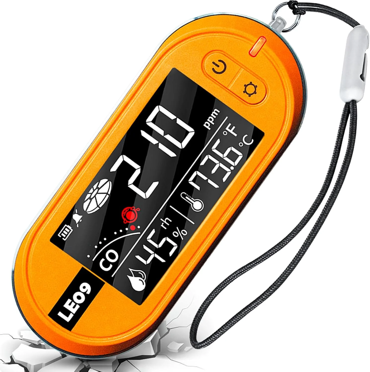 دستگاه تشخیص مونوکسید کربن قابل حمل LSENLTY با قابلیت 500 ساعت آماده به کار، دستگاه 3 در 1 تشخیص CO (دما، رطوبت و CO)، عملکرد هشدار، طراحی بند برای مسافرت کمپینگ خودرو RV وسیله نقلیه هواپیما - نارنجی