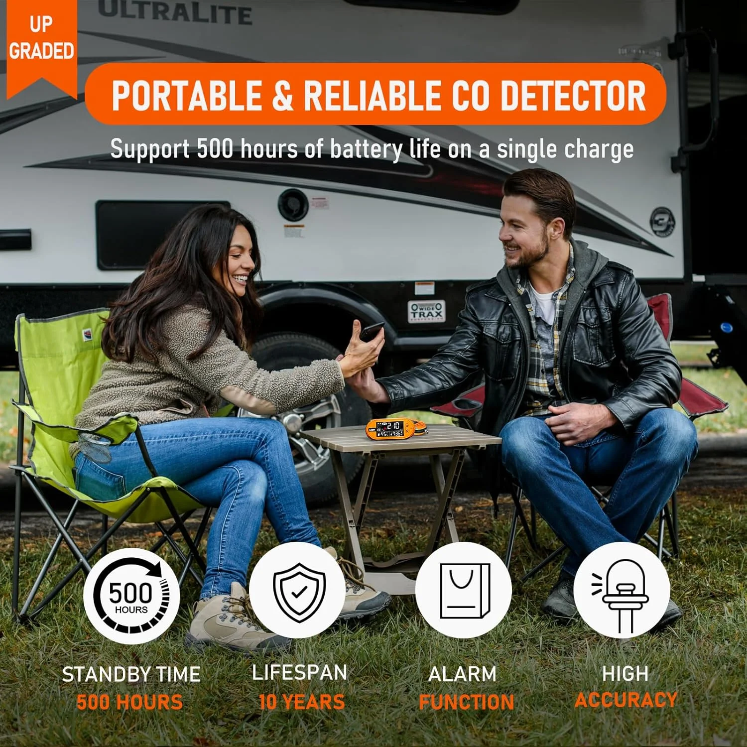 دستگاه تشخیص مونوکسید کربن قابل حمل LSENLTY با قابلیت 500 ساعت آماده به کار، دستگاه 3 در 1 تشخیص CO (دما، رطوبت و CO)، عملکرد هشدار، طراحی بند برای مسافرت کمپینگ خودرو RV وسیله نقلیه هواپیما - نارنجی