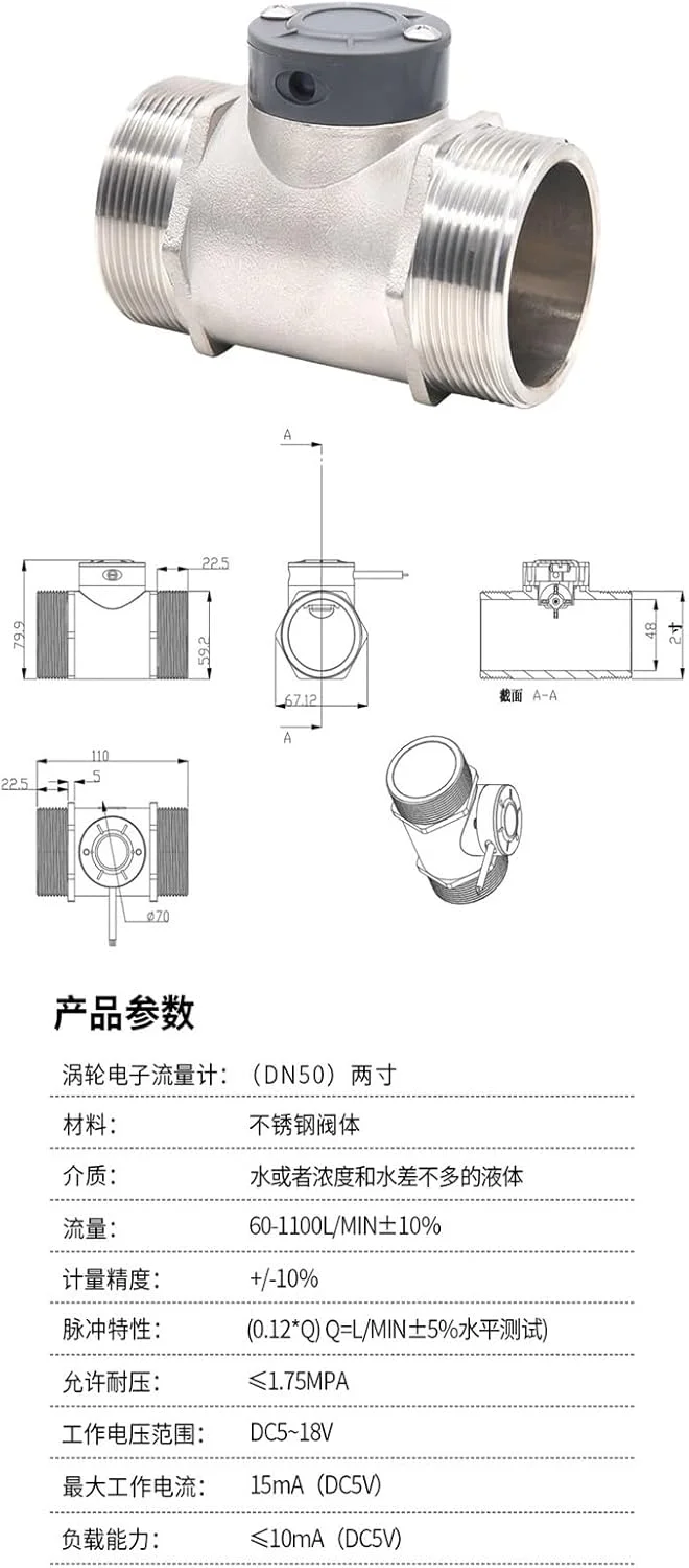 فلومتر آب، متر برای زمین های کشاورزی، جریان آب از طریق لوله های فاضلاب، اندازه گیری مایع DN15 DN20 DN25 DN50(G2 (DN50)