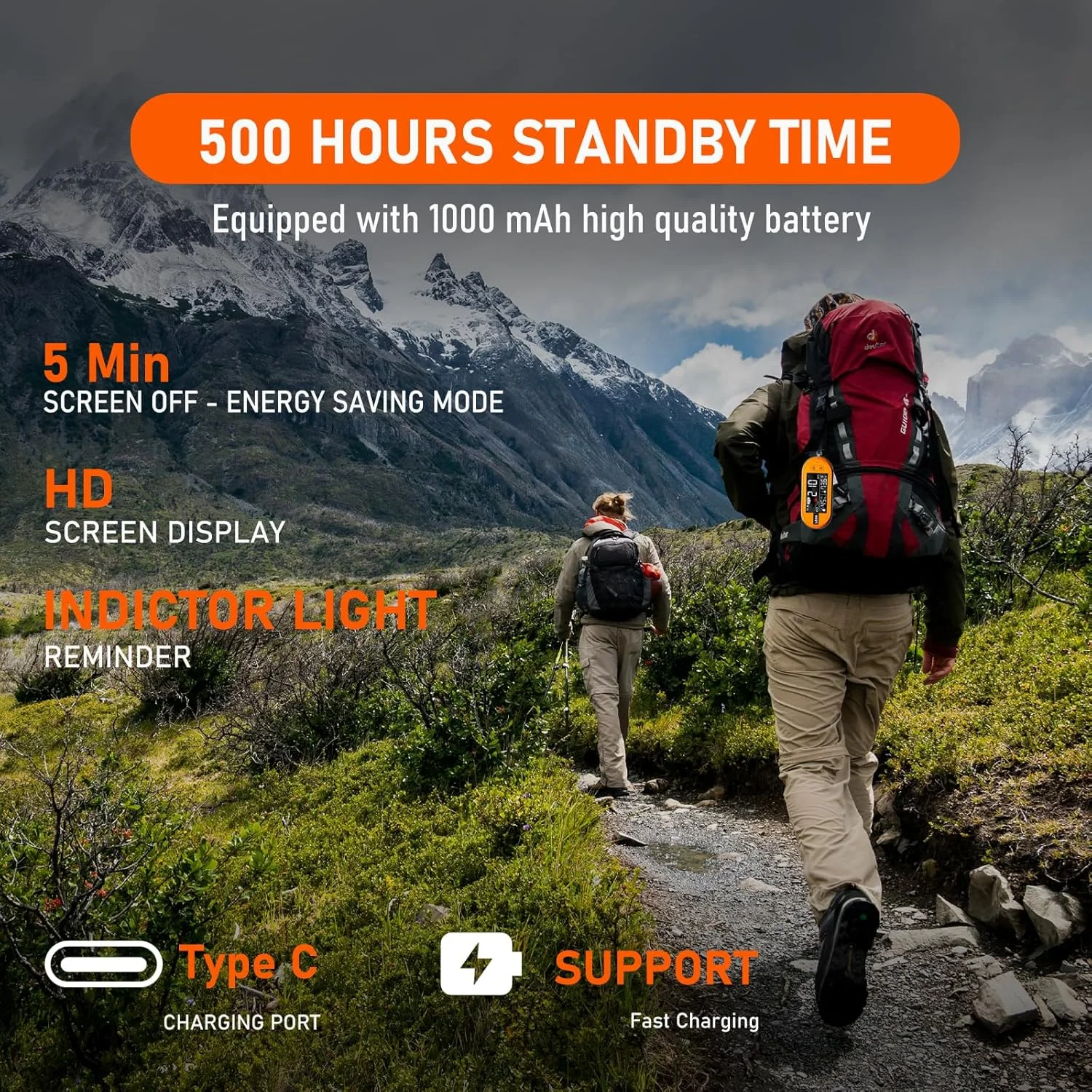 دستگاه تشخیص مونوکسید کربن قابل حمل LSENLTY با قابلیت 500 ساعت آماده به کار، دستگاه 3 در 1 تشخیص CO (دما، رطوبت و CO)، عملکرد هشدار، طراحی بند برای مسافرت کمپینگ خودرو RV وسیله نقلیه هواپیما - نارنجی