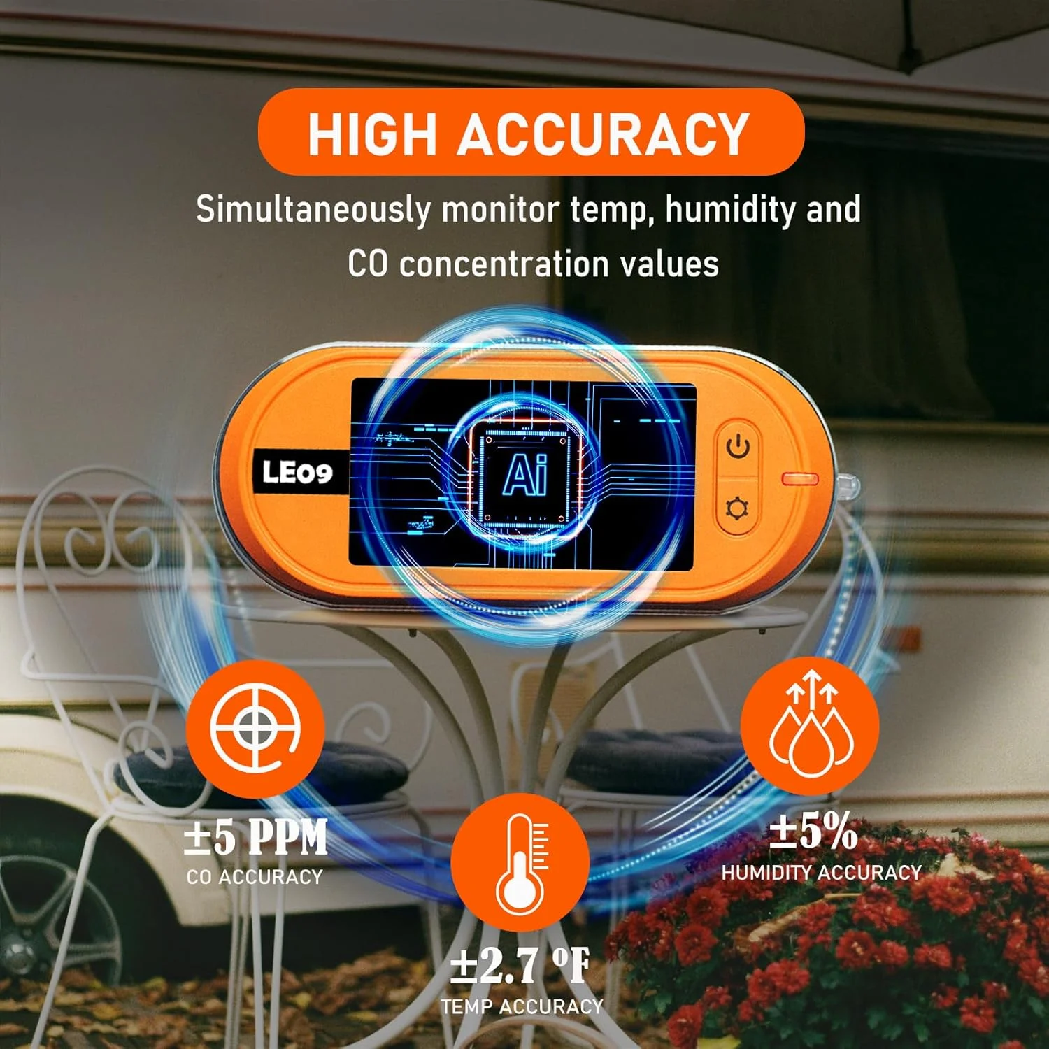 دستگاه تشخیص مونوکسید کربن قابل حمل LSENLTY با قابلیت 500 ساعت آماده به کار، دستگاه 3 در 1 تشخیص CO (دما، رطوبت و CO)، عملکرد هشدار، طراحی بند برای مسافرت کمپینگ خودرو RV وسیله نقلیه هواپیما - نارنجی