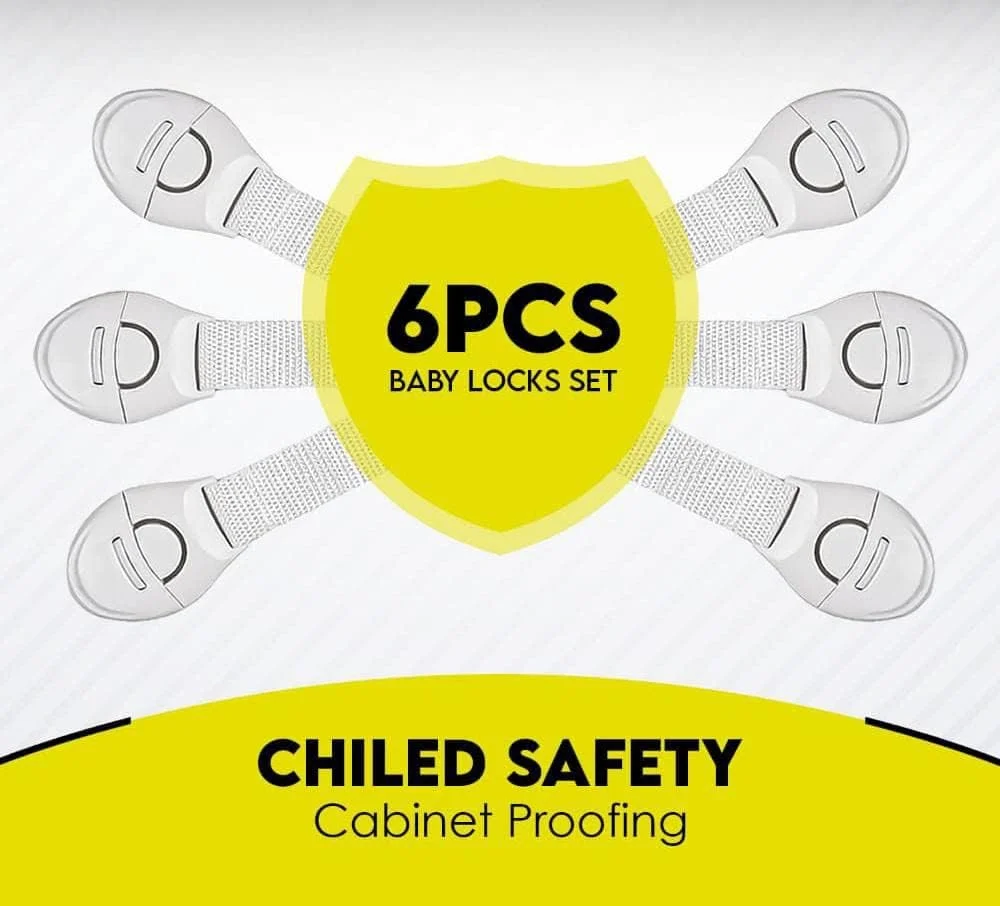 قفل ایمنی کودک، قفل کودک، مجموعه ایمن سازی کودک، بسته 6 عددی با چسب 3M، قفل کابینت، کشو، اندازه قابل تنظیم/انعطاف پذیر، مجموعه ایمن کودک، لوازم خانگی، درب توالت، یخچال، فر