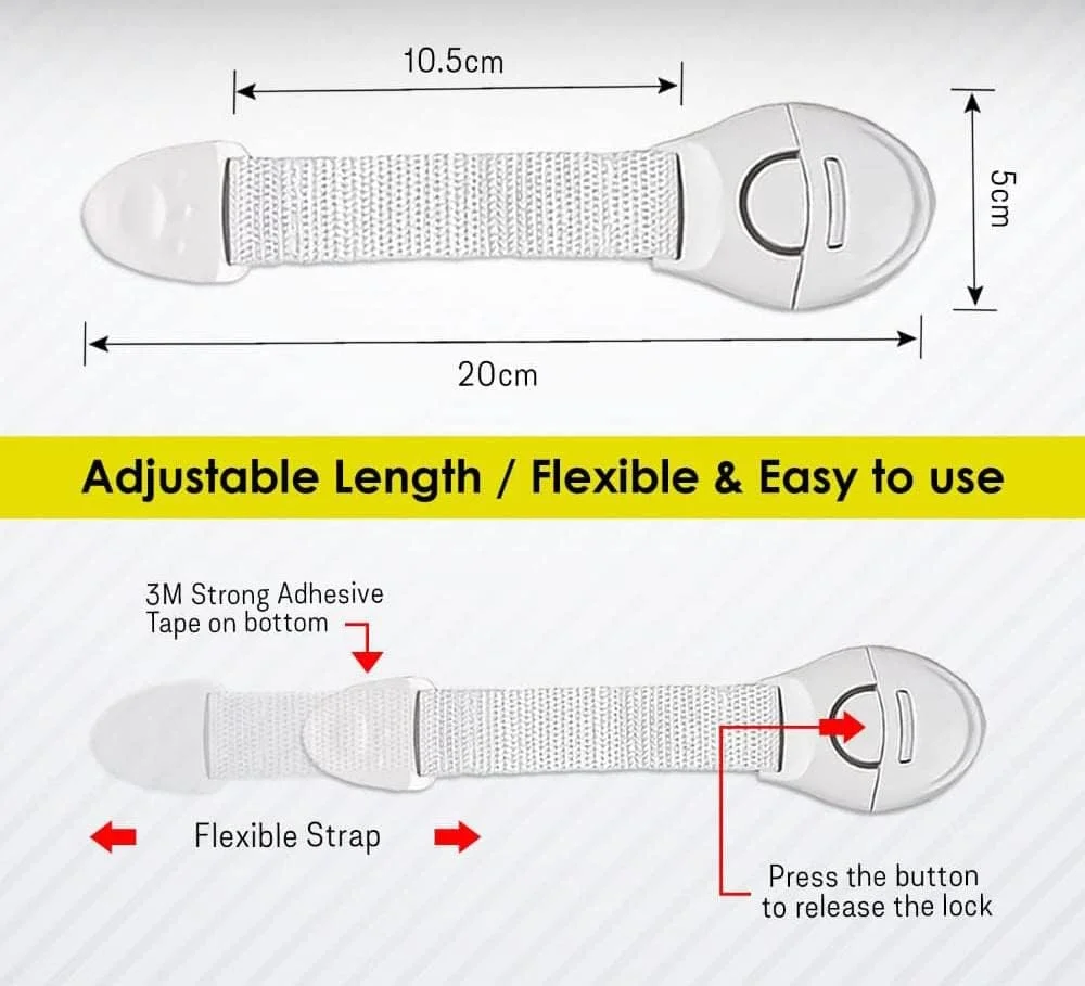 قفل ایمنی کودک، قفل کودک، مجموعه ایمن سازی کودک، بسته 6 عددی با چسب 3M، قفل کابینت، کشو، اندازه قابل تنظیم/انعطاف پذیر، مجموعه ایمن کودک، لوازم خانگی، درب توالت، یخچال، فر