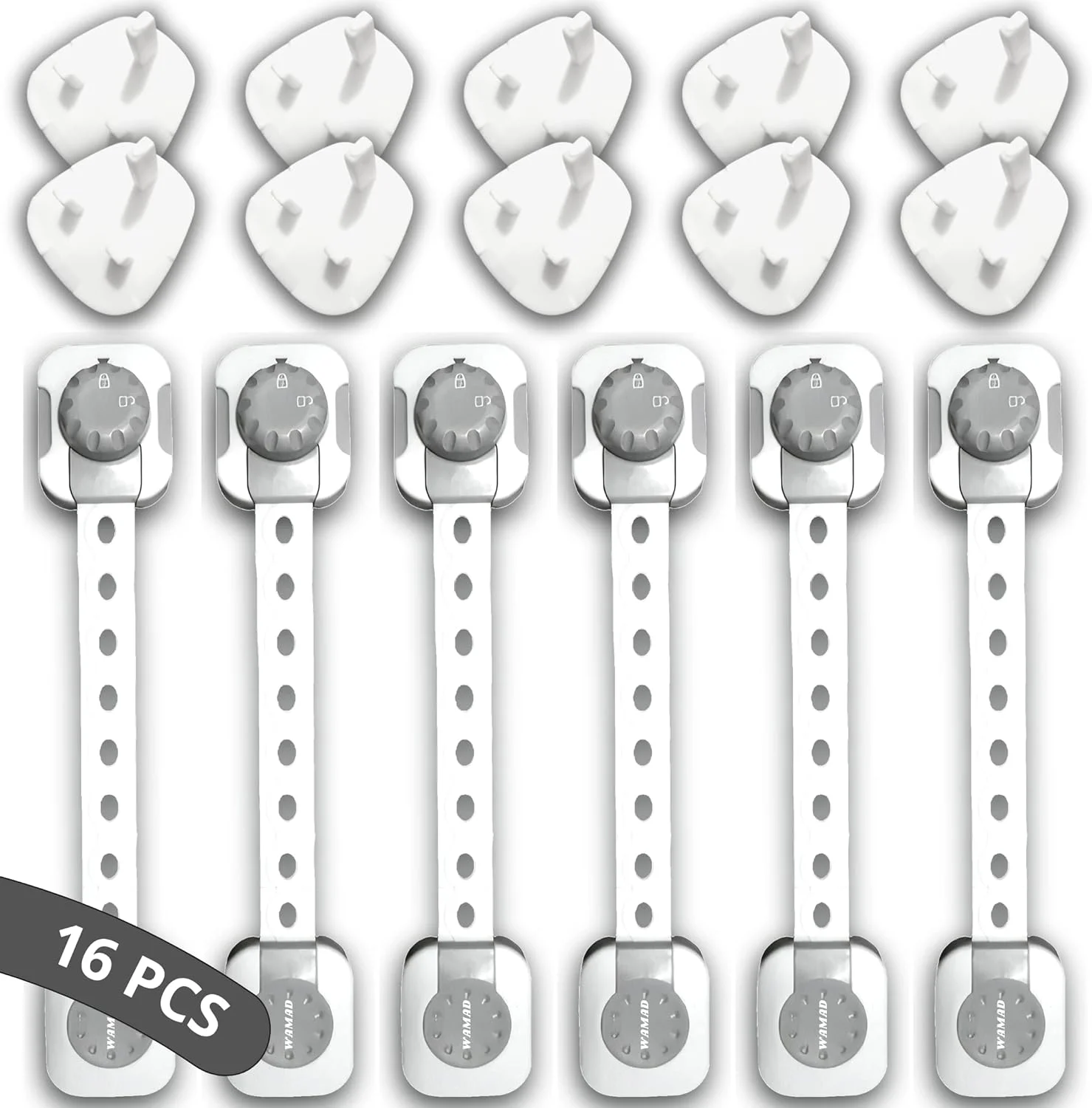 کیت ایمن سازی کودک WAMAD (6+10)، قفل های ایمنی کابینت و کشو + محافظ پریز برق کودک AE، چسب قدرتمند 3M، قابل تنظیم، قفل یخچال، قفل درب کودک، قفل کودک، بند کشو (16، 8.5 اینچ + 1.9 اینچ)