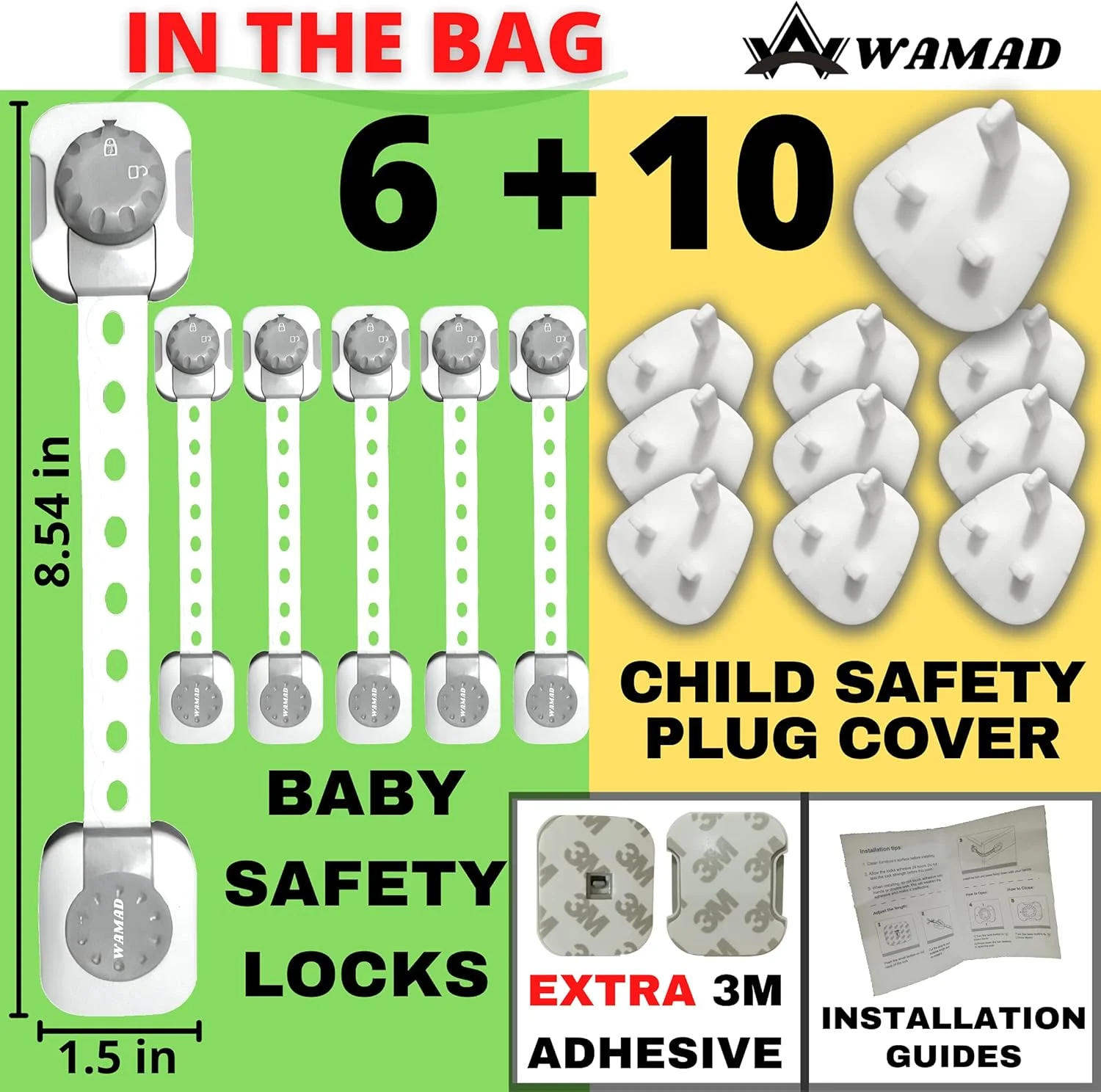 کیت ایمن سازی کودک WAMAD (6+10)، قفل های ایمنی کابینت و کشو + محافظ پریز برق کودک AE، چسب قدرتمند 3M، قابل تنظیم، قفل یخچال، قفل درب کودک، قفل کودک، بند کشو (16، 8.5 اینچ + 1.9 اینچ)