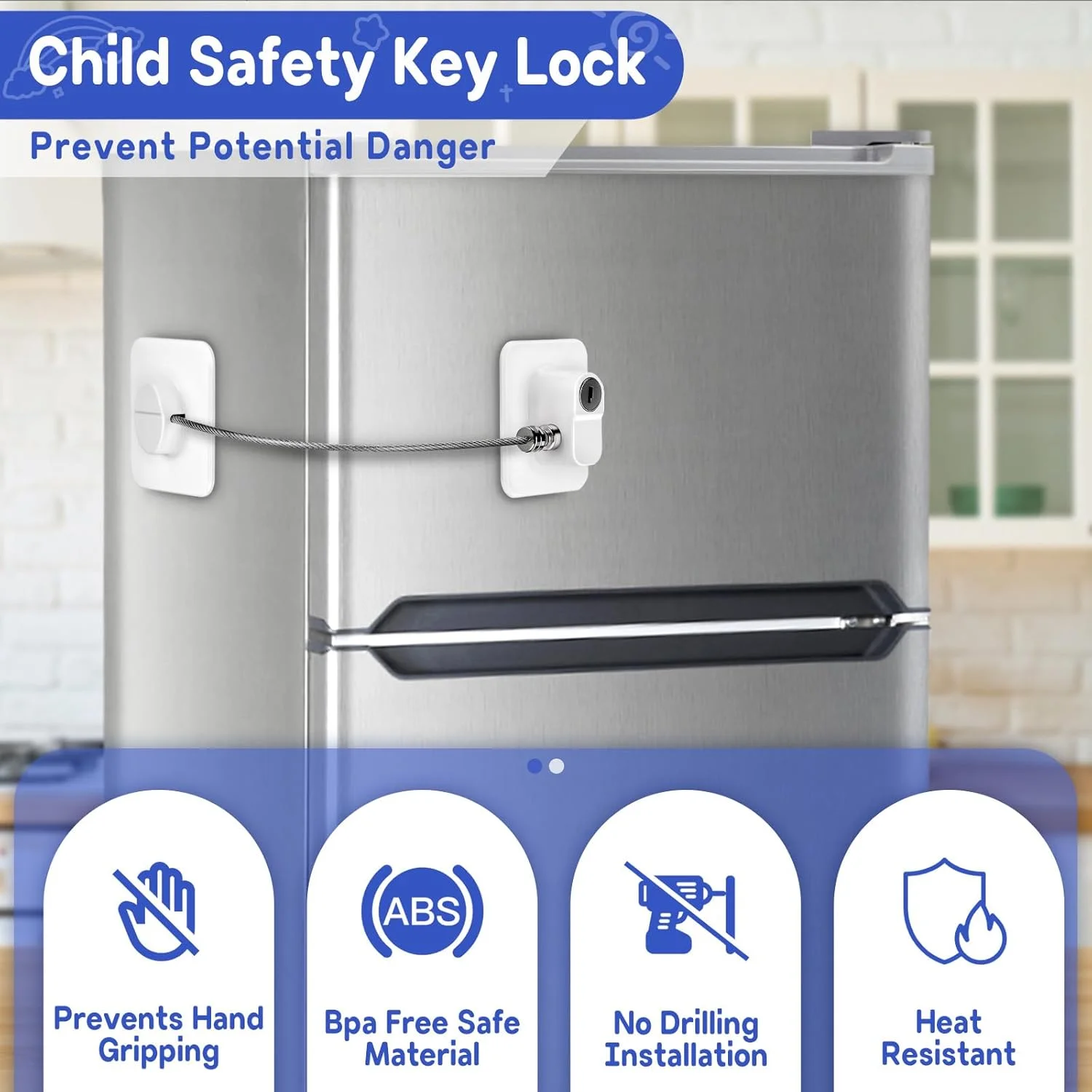 قفل یخچال کلیدی NINEMAX بدون نیاز به سوراخکاری، طناب فولادی، ایمنی کودک، پلاستیک BPA برای یخچال فریزر پنجره کابینت کشو درب سفید بسته 2 عددی