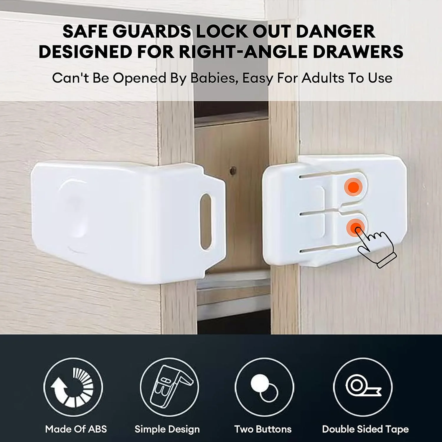 قفل ایمنی کودک نالینا، بسته 4 عددی، قفل کودک برای کابینت و کشو، نوع زاویه دار ساخته شده از پلاستیک ABS، قفل با چسب قوی برای ایمن سازی درها و کابینت ها