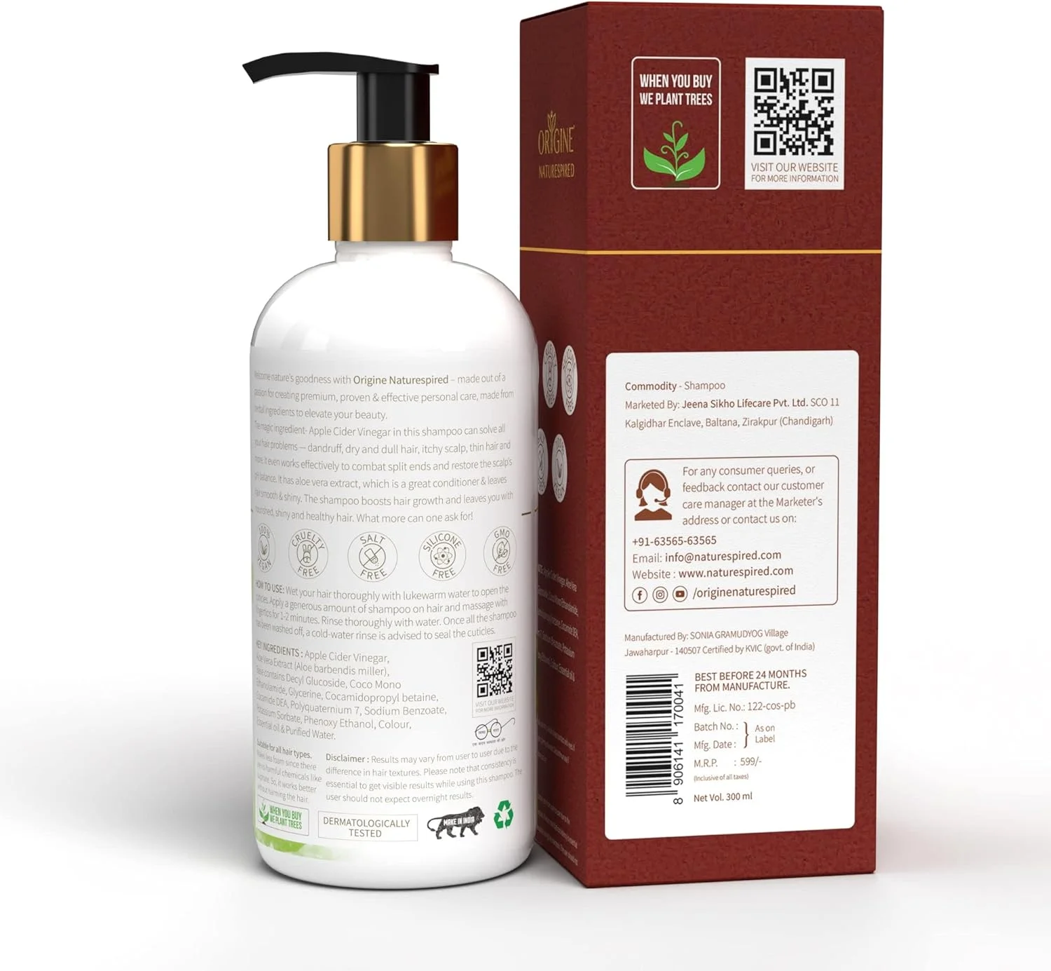 شامپو نرم کننده و براق کننده مو اوریجین نیچر اسپایرد - 300 میلی لیتر | شامپو سرکه سیب و آلوئه ورا | فاقد پارابن، سولفات و سیلیکون