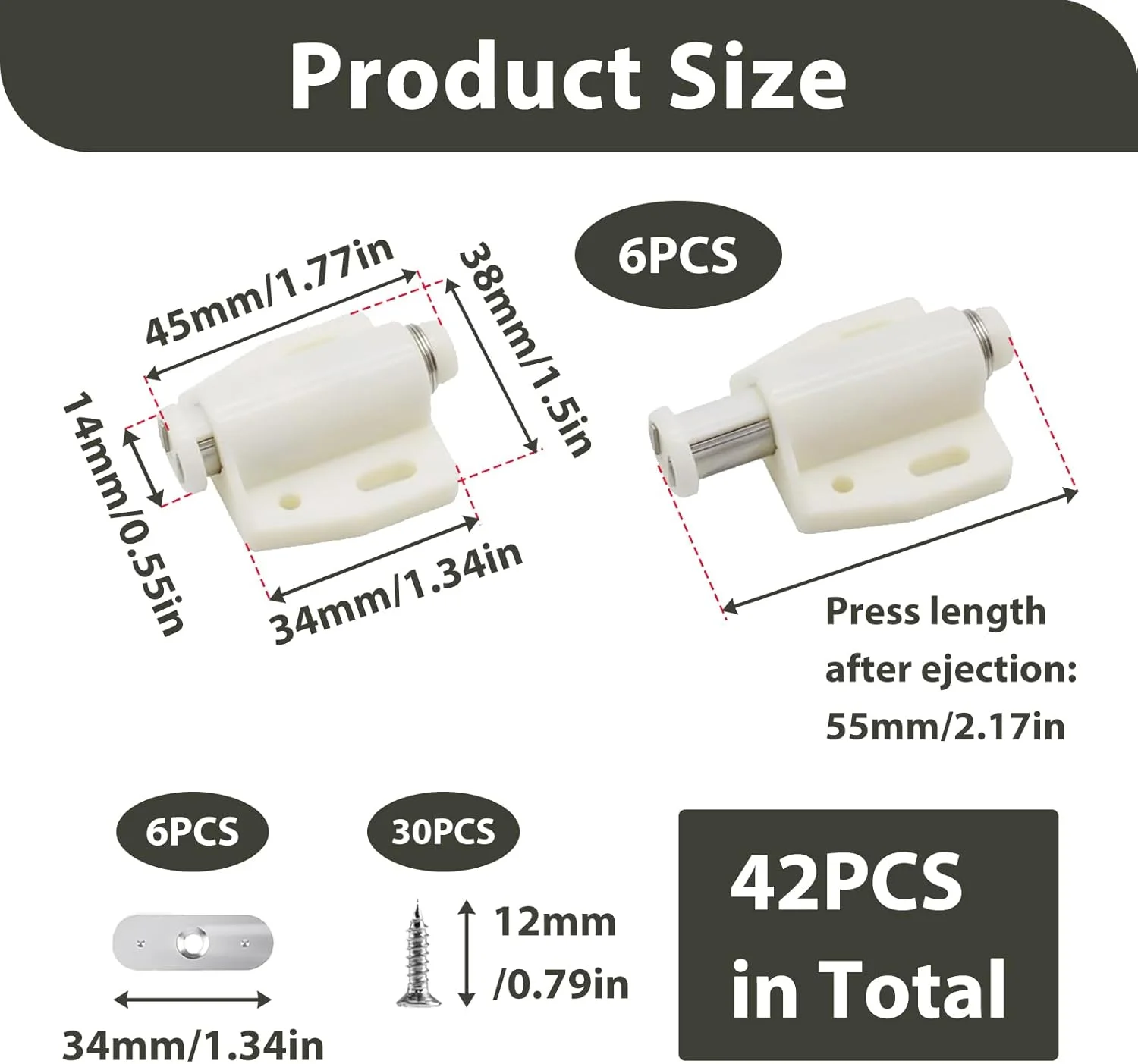 بسته 6 عددی قفل فشاری بازشو درب، قفل مگنتی لمسی فشاری به همراه پیچ های نصب، قفل های سنگین برای درب کابینت، ایده آل برای آشپزخانه، حمام، مبلمان اداری (سفید)