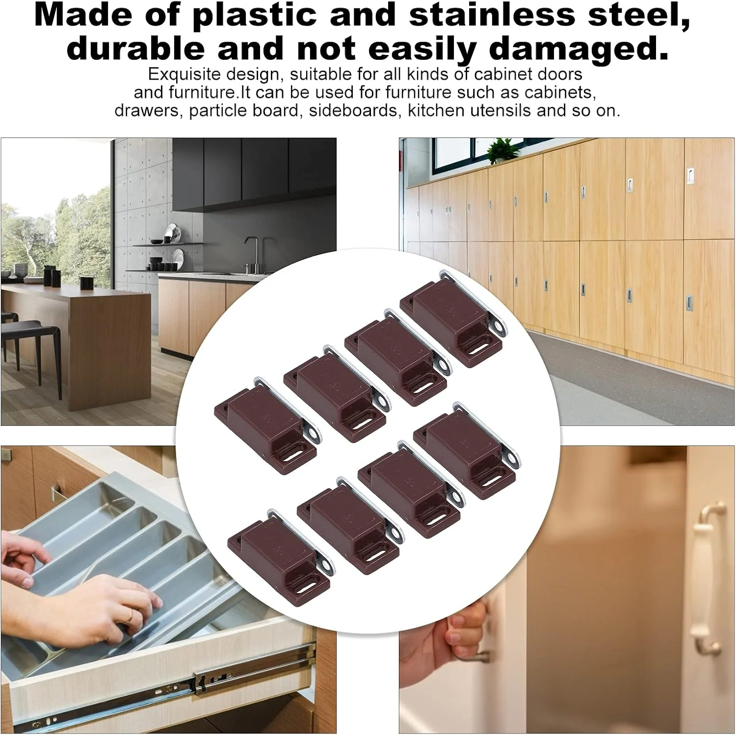 8 عدد قفل مگنتی درب، لوازم جانبی مبلمان استیل ضد زنگ، ضربه گیر درب کابینت کمد (قهوه ای)