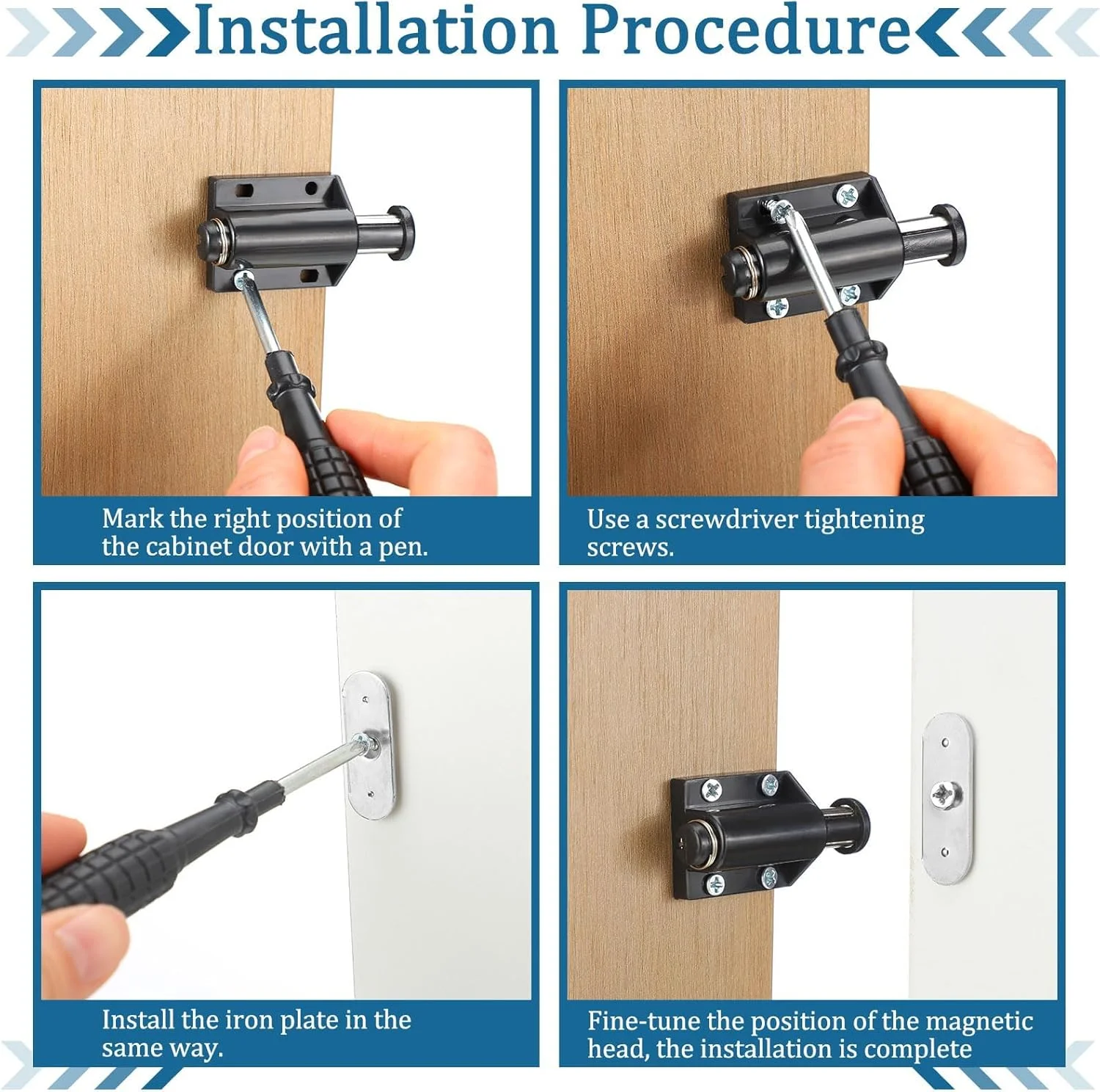 قفل مگنتی فشاری برای باز کردن درب، 20 عدد قفل لمسی مگنتی مشکی برای کابینت، کشو و مبلمان، شامل پیچ برای نصب آسان، قفل فشاری برای درهای آشپزخانه و کمد