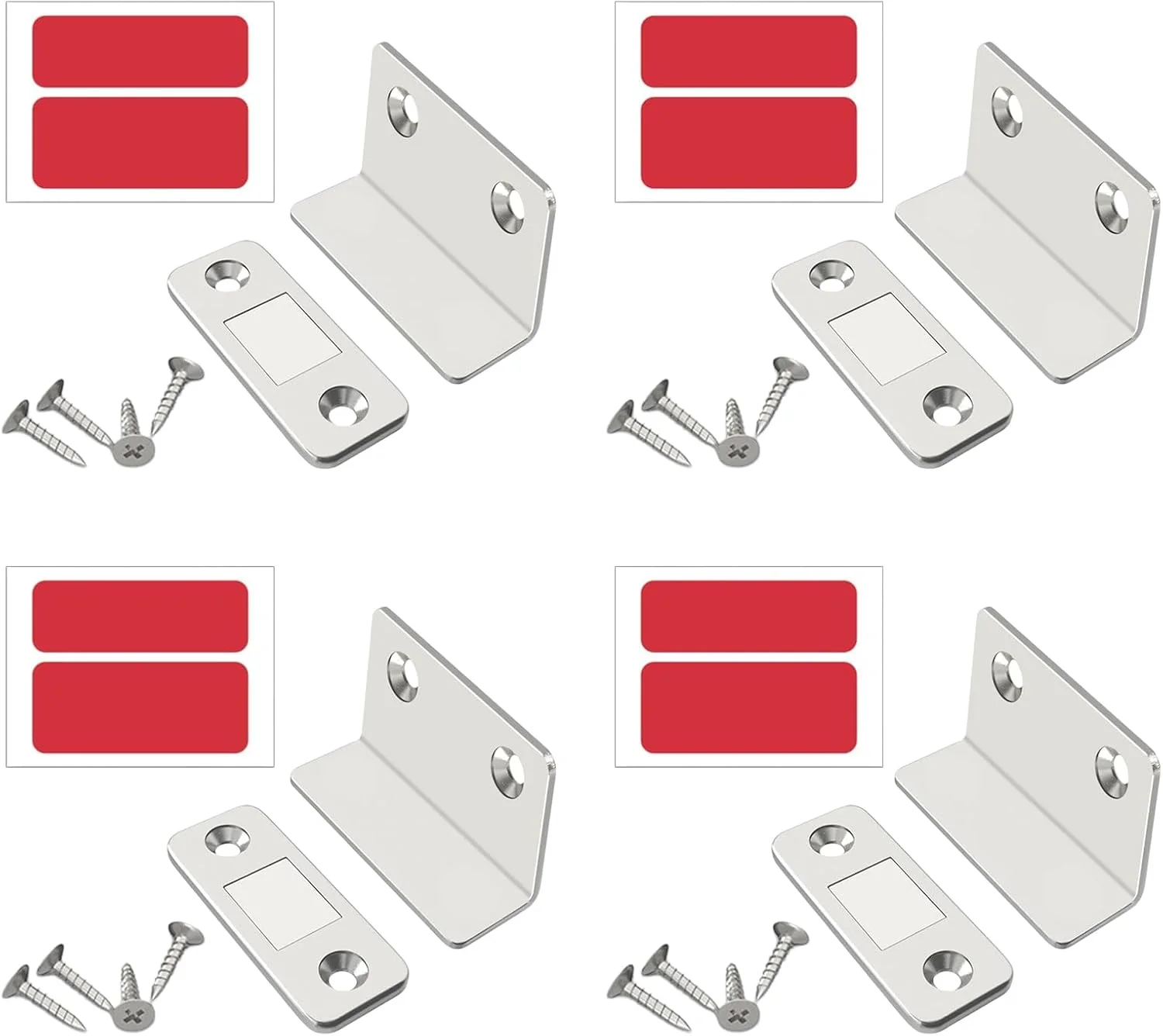 بسته 4 عددی مگنت های آهنربایی برای درب کابینت، مگنت های کابینت خود چسب با پیچ، مگنت درب، مگنت های درب، مگنت های درب نقره ای فوق العاده نازک L شکل برای درب کابینت، کشو، مبلمان