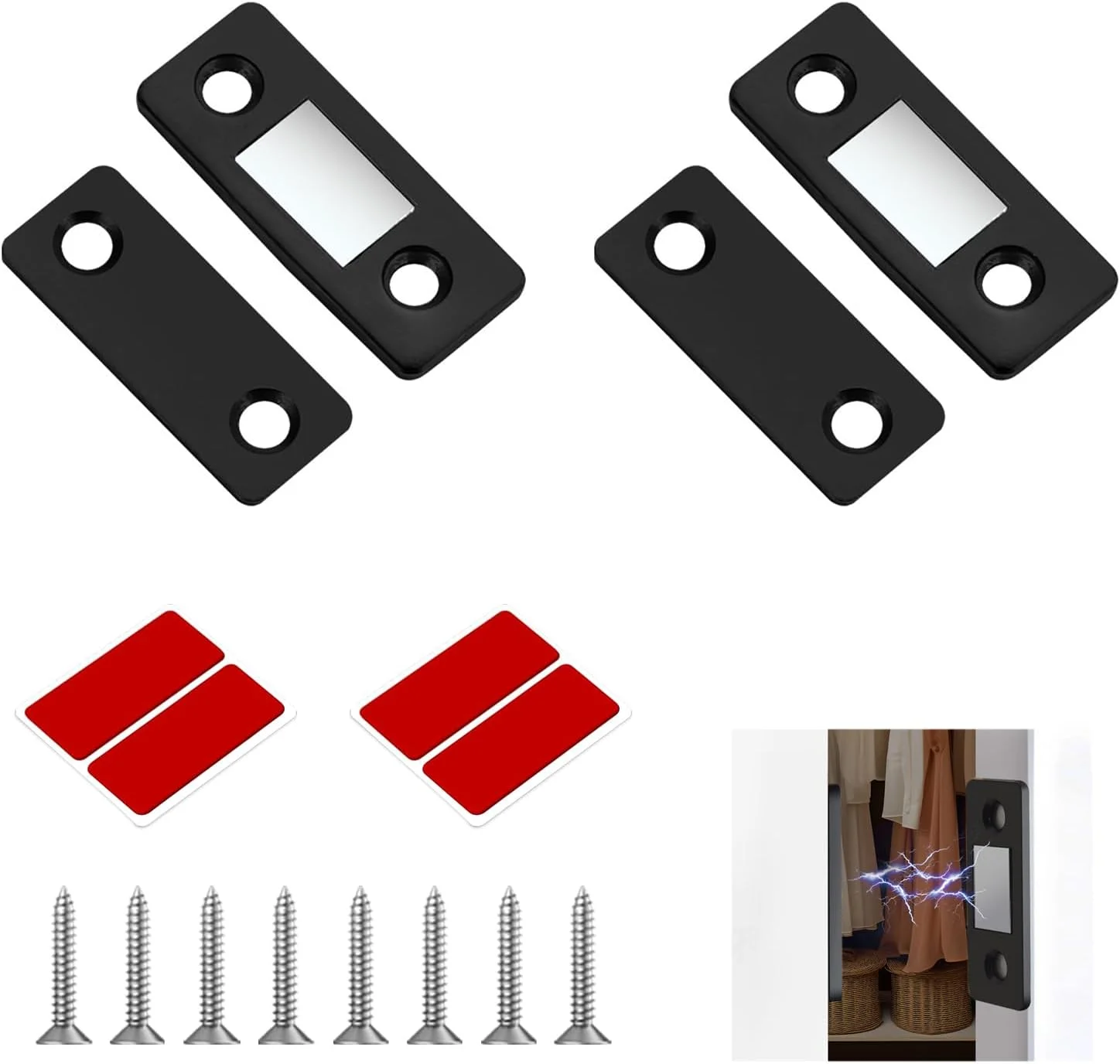 ست 2 عددی مگنت درب کابینت، آهنربای درب کابینت، آهنربای فوق العاده نازک و نامرئی خود چسب درب با پیچ برای کشو کمد درب کشویی پنجره مبلمان، ست مگنت (مشکی)