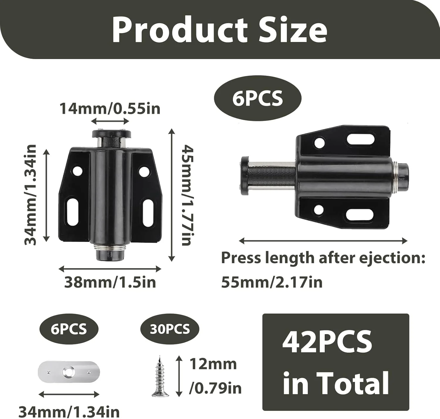 بسته 6 عددی قفل فشاری بازشو درب، قفل مگنتی لمسی فشاری به همراه پیچ های نصب، قفل های سنگین برای درب کابینت، ایده آل برای آشپزخانه، حمام، مبلمان اداری (مشکی)