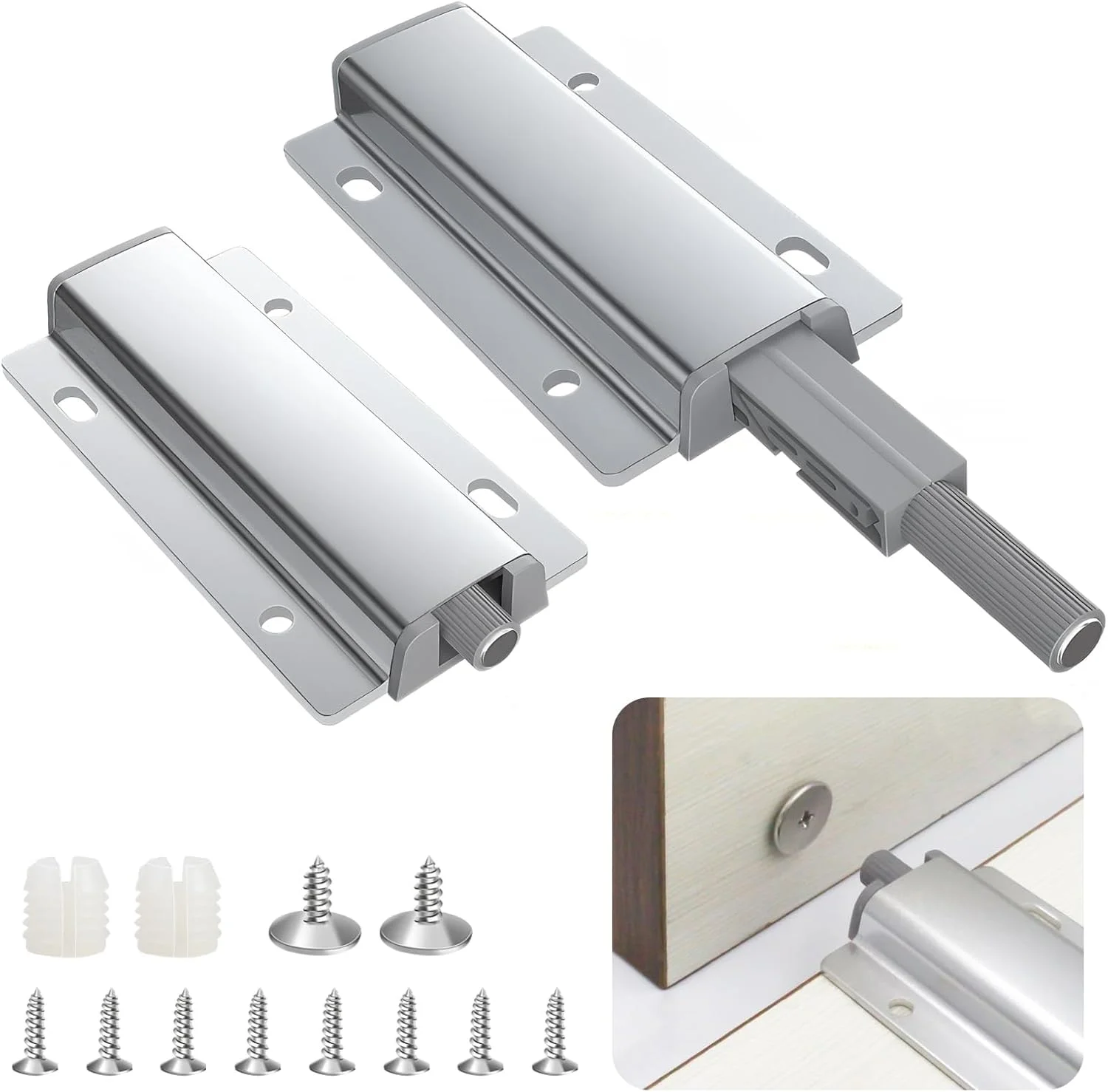 بسته 2 عددی قفل فشاری بازشو درب، قفل مگنتی کابینت با پیچ های نصب، رهاسازی قفل درب دمپر مغناطیسی آرام بند برای کابینت آشپزخانه/کمد/گنجه/کشو (نقره ای)