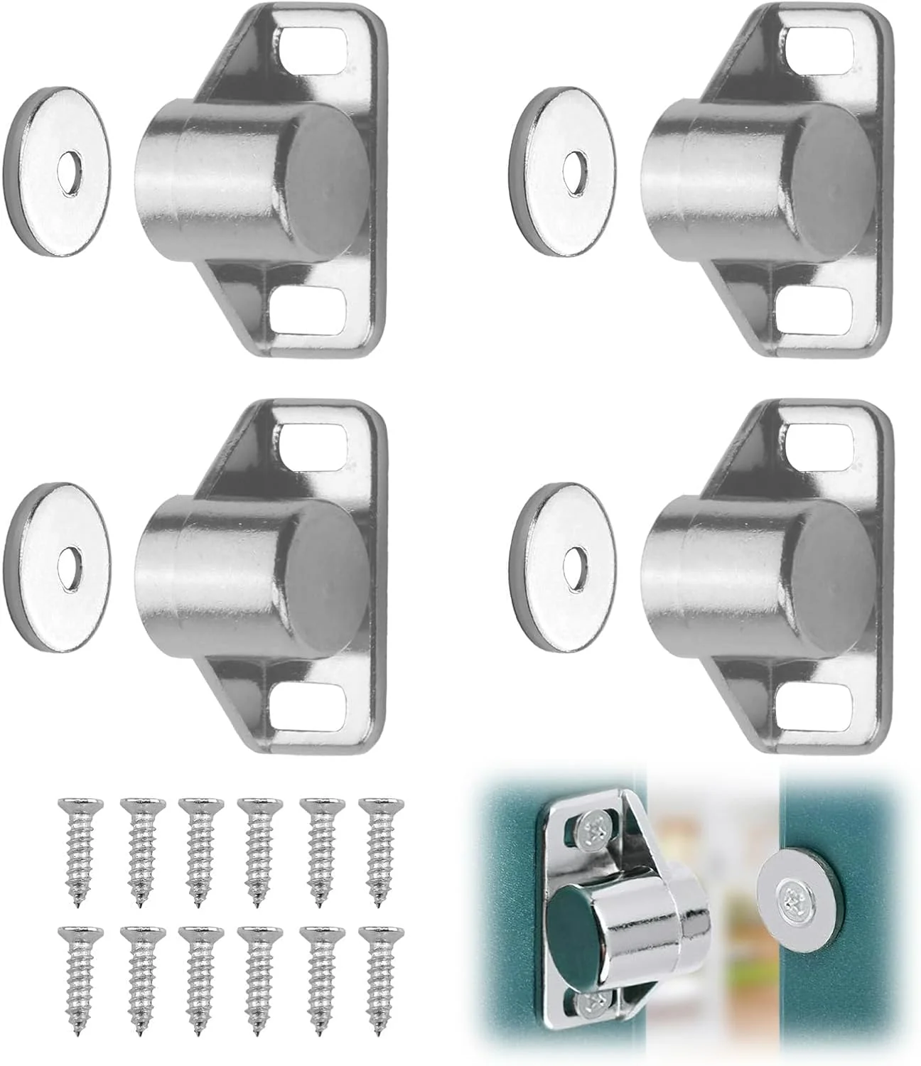 بسته 4 عددی قفل مغناطیسی، مگنت درب برای درب کابینت، مگنت درب کمد، اتصالات کابینت، بست مغناطیسی برای کشوهای مبلمان، بست درب، مگنت مبلمان (نقره ای)
