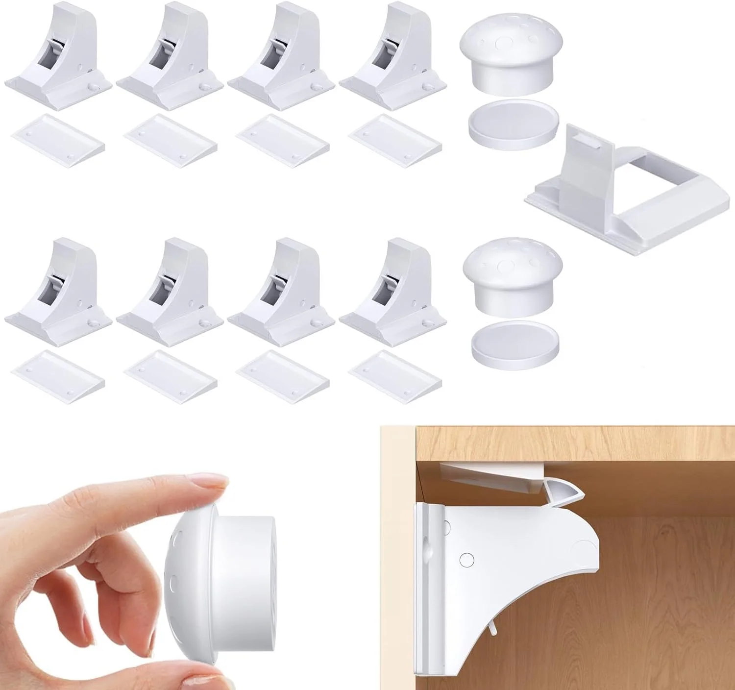 قفل کابینت مغناطیسی ایمنی کودک 8 عددی، قفل کشوی مغناطیسی ضد کودک با 2 کلید برای آشپزخانه با چسب بدون نیاز به سوراخ کاری یا پیچ، شامل 2 قفل ایمنی کودک برای دستگیره ها (8+2)