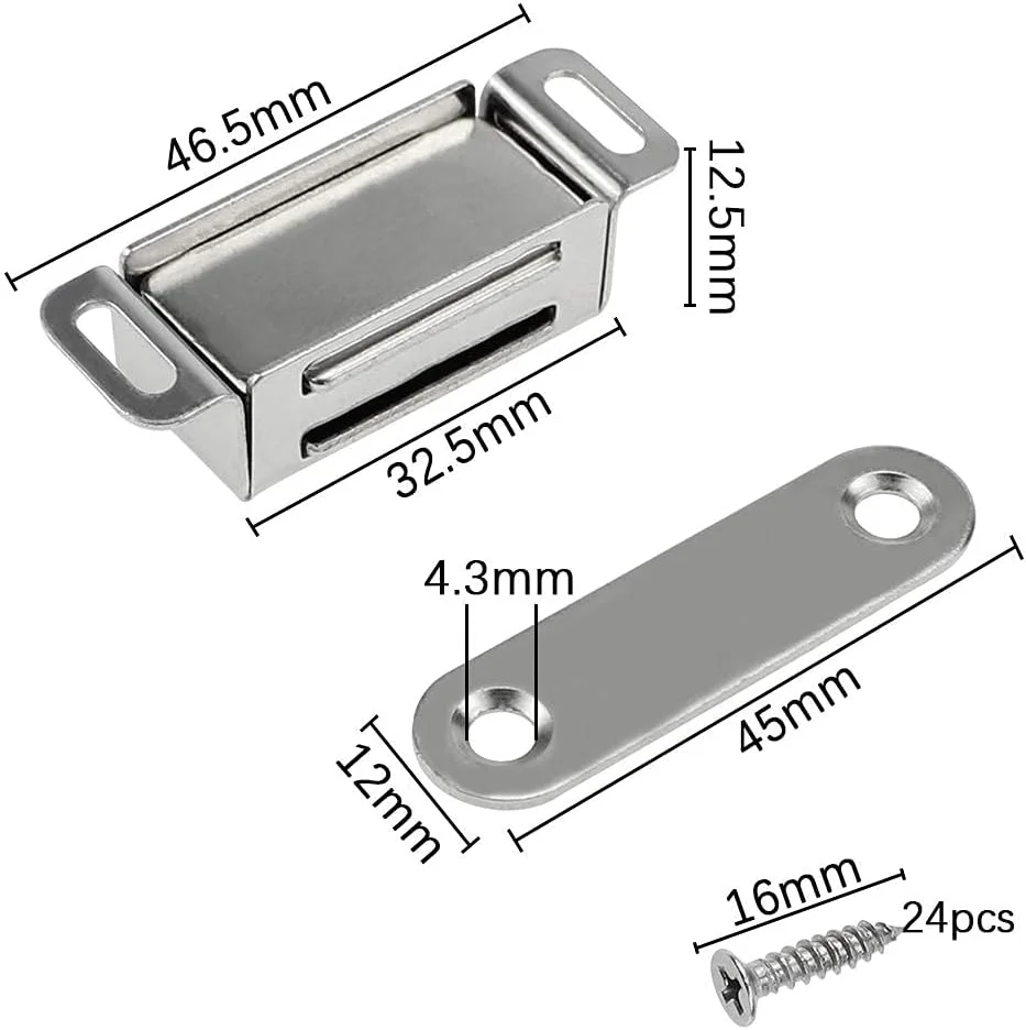 6 عدد مگنت درب با صفحه تکی و 24 عدد پیچ، مگنت کابینت با قدرت کشش 8 کیلوگرم، قفل مگنتی قوی استیل ضد زنگ برای درب کمد، مناسب منزل، آشپزخانه و کمد لباس