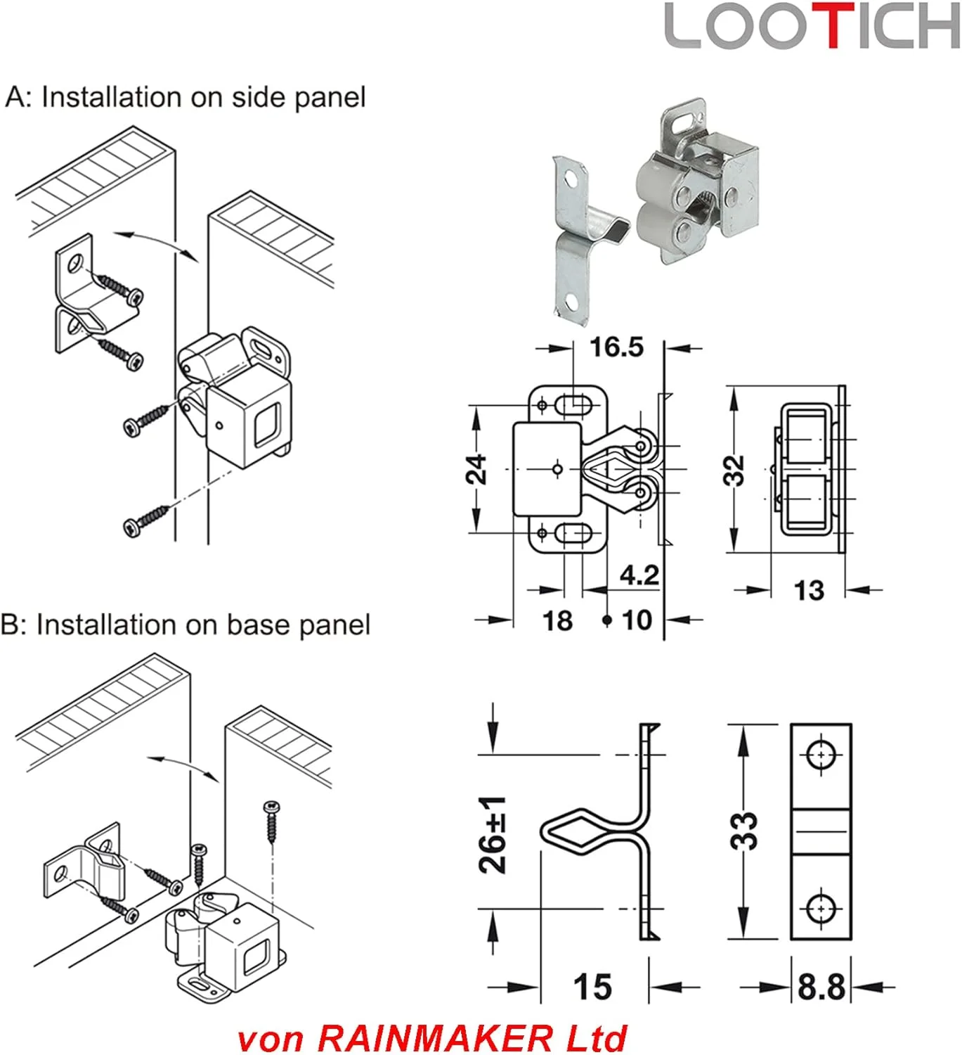 LOOTICH قفل دو غلتکی درب کابینت با صفحات و پیچ ​​برای قفل های بی صدا مبلمان منزل (20 عدد)