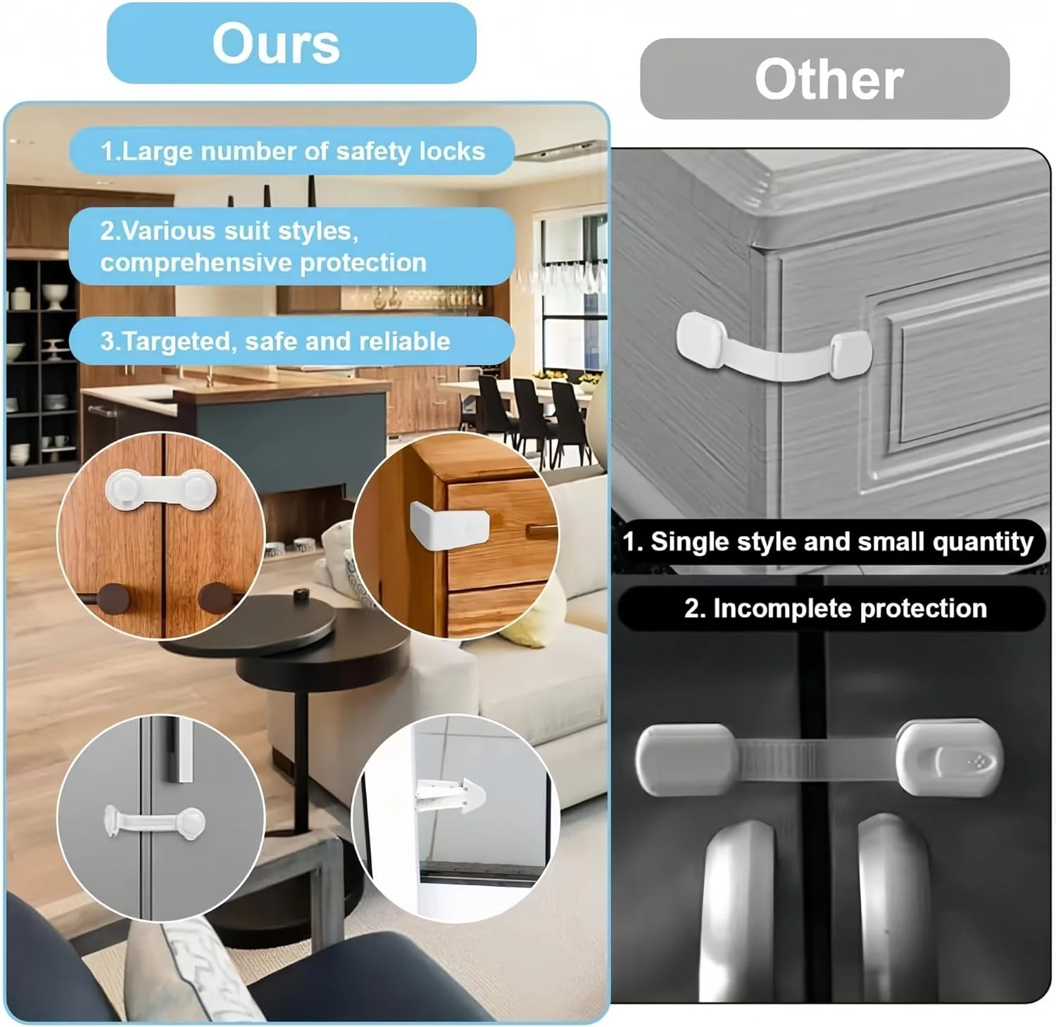 قفل کودک (بسته 12 عددی) ایمنی کودک برای کابینت - ایمن، سریع و آسان با چسب 3M، قفل درب کشو کابینت بدون پیچ و آهنربا، چند منظوره برای مبلمان، آشپزخانه، اجاق گاز، صندلی توالت