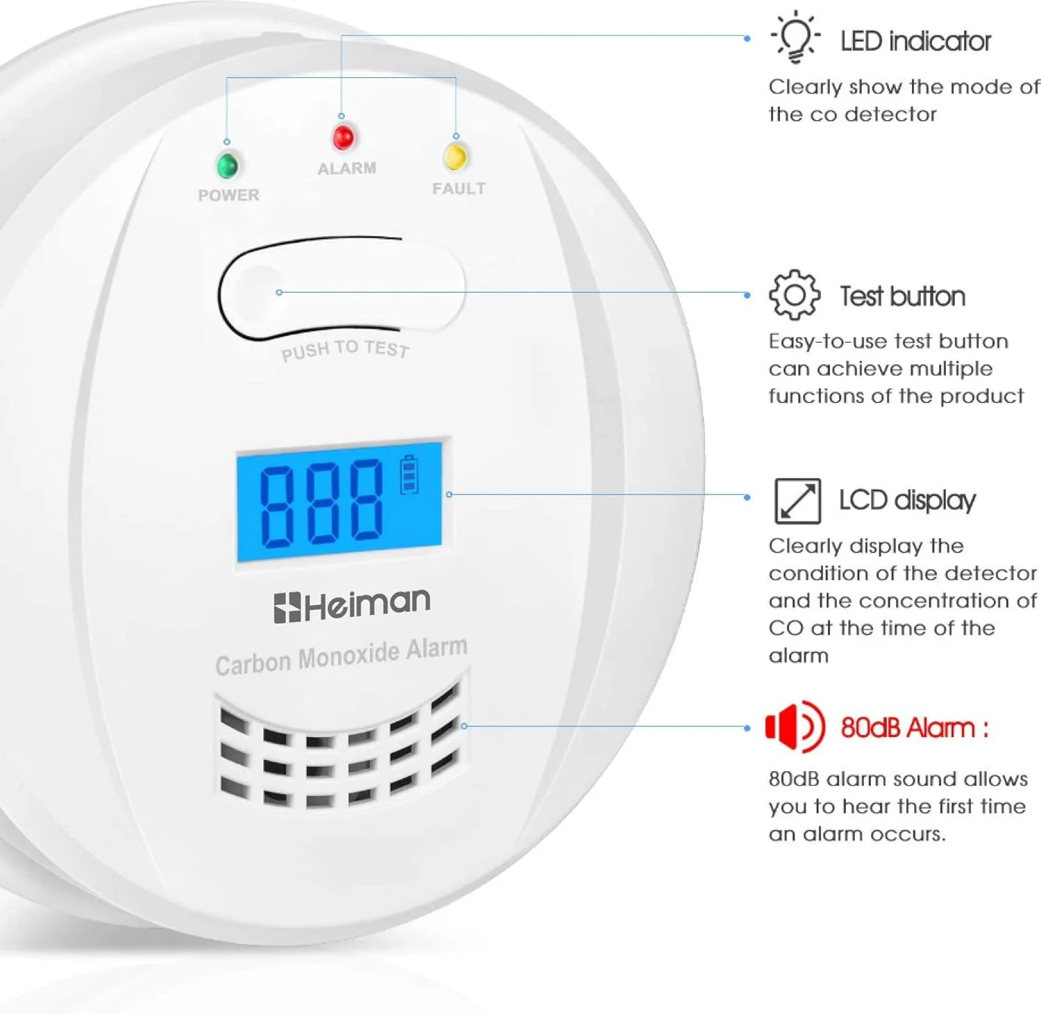 آلارم تشخیص مونوکسید کربن با عمر 10 ساله هایمن، EN 50291، آلارم CO با باتری قابل تعویض، با صفحه نمایش دیجیتال LCD مدل 723ESY (723)