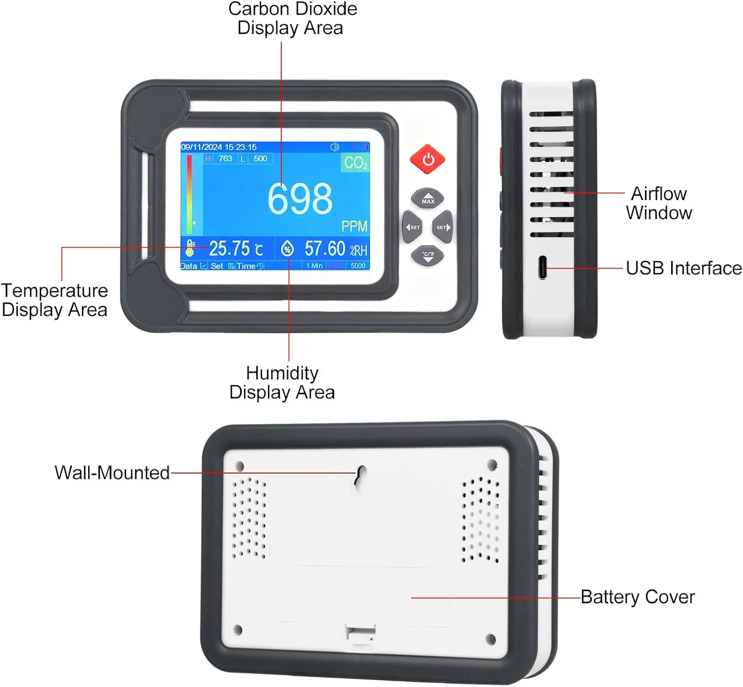 دستگاه تشخیص مونوکسید کربن 3 در 1 Irovami، مانیتور دیجیتال CO2، آنالایزر گاز CO2، آنالایزر CO2 با قابلیت تست دما و رطوبت، محدوده 9999PPM
