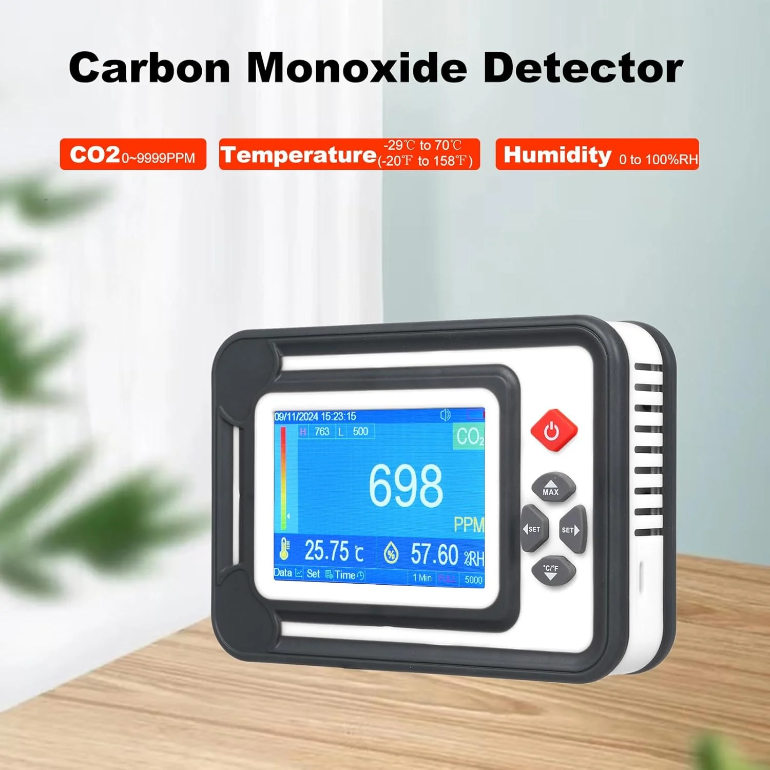 دستگاه تشخیص مونوکسید کربن 3 در 1 Irovami، مانیتور دیجیتال CO2، آنالایزر گاز CO2، آنالایزر CO2 با قابلیت تست دما و رطوبت، محدوده 9999PPM