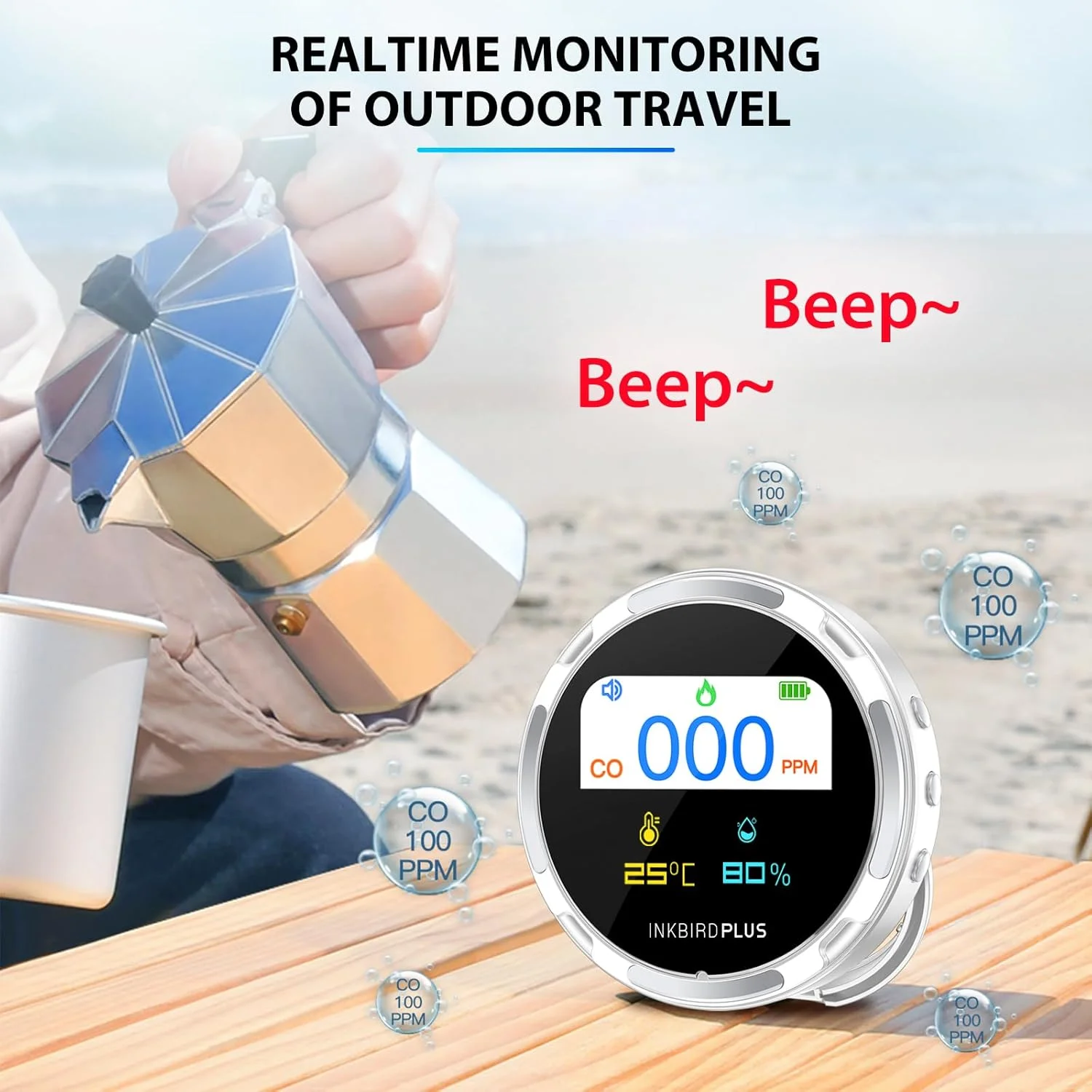دستگاه تشخیص مونوکسید کربن قابل حمل INKBIRDPLUS مدل HD10، مانیتور کیفیت هوای 3 در 1، دماسنج و رطوبت سنج، دارای آلارم صوتی، آلارم باتری کم، حالت آماده به کار، ضد آب IP65 و قابل تنظیم