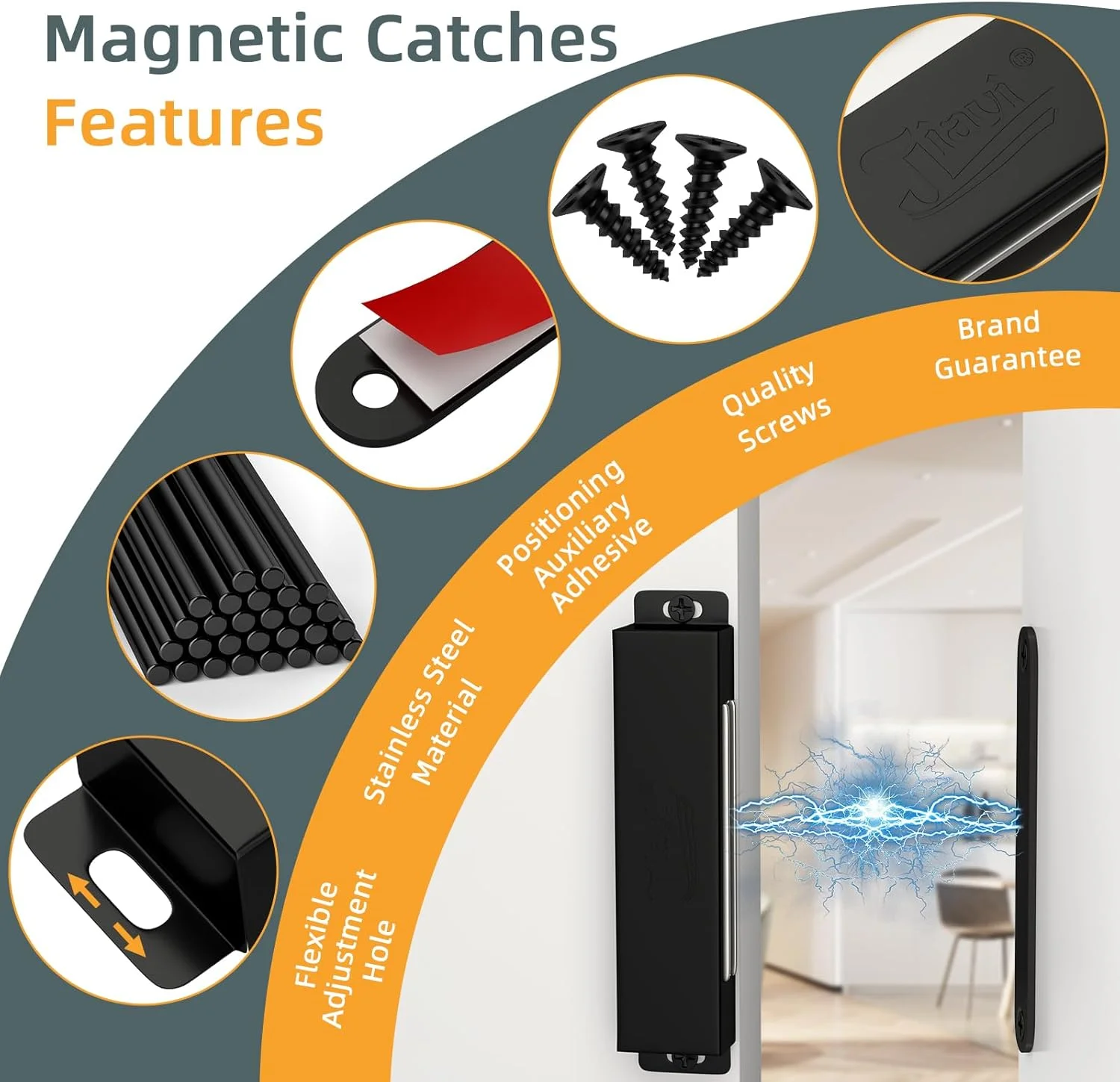 مگنت درب کابینت Jiayi، مگنت های مغناطیسی درب کمد برای مبلمان، مگنت 32 کیلوگرمی برای درب کابینت، مگنت های استیل ضد زنگ قوی بستن درب مغناطیسی کابینت مشکی