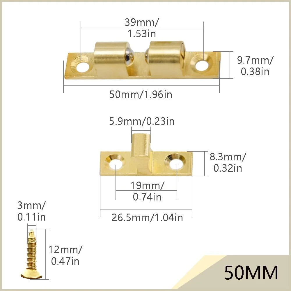 بسته 6 عددی قفل توپی دوبل برنجی Hocansen 50 میلی متری برای درب مبلمان، قفل نگهدارنده، قفل غلتکی توپی دوبل، قفل درب، بست مبلمان برای کابینت آشپزخانه (PZ-MS/50 mm)