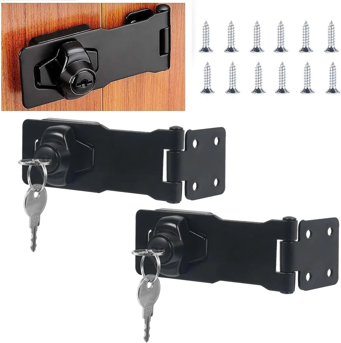 قفل درب HANNEA® بسته 2 عددی، قفل کشو، قفل زبانه فلزی 3 اینچی با کلید، قفل ایمنی میز کابینت پرونده، مشکی، ایمنی کودک، درب منزل و محل کار، کابینت، درب انبار