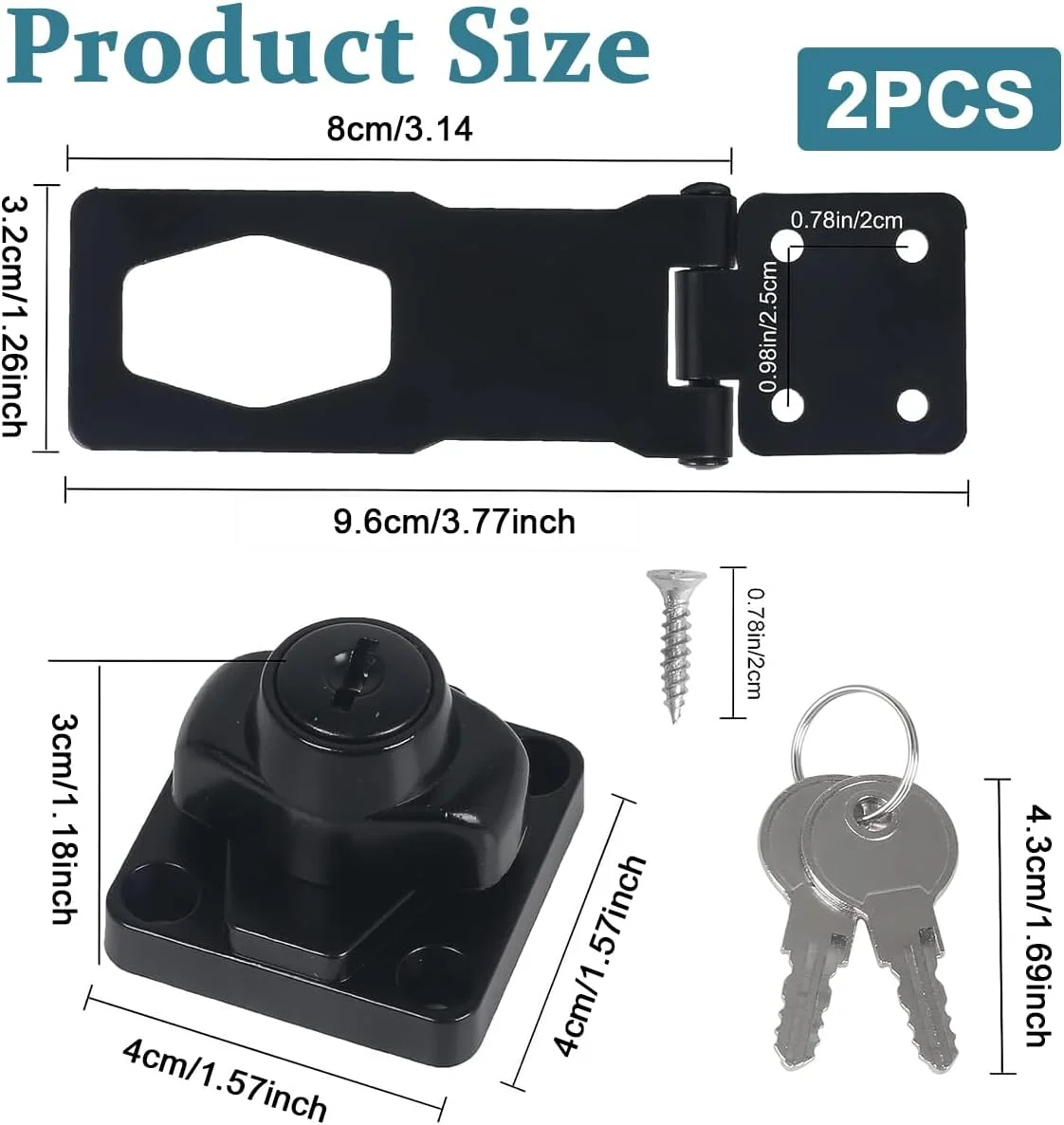 قفل درب HANNEA® بسته 2 عددی، قفل کشو، قفل زبانه فلزی 3 اینچی با کلید، قفل ایمنی میز کابینت پرونده، مشکی، ایمنی کودک، درب منزل و محل کار، کابینت، درب انبار