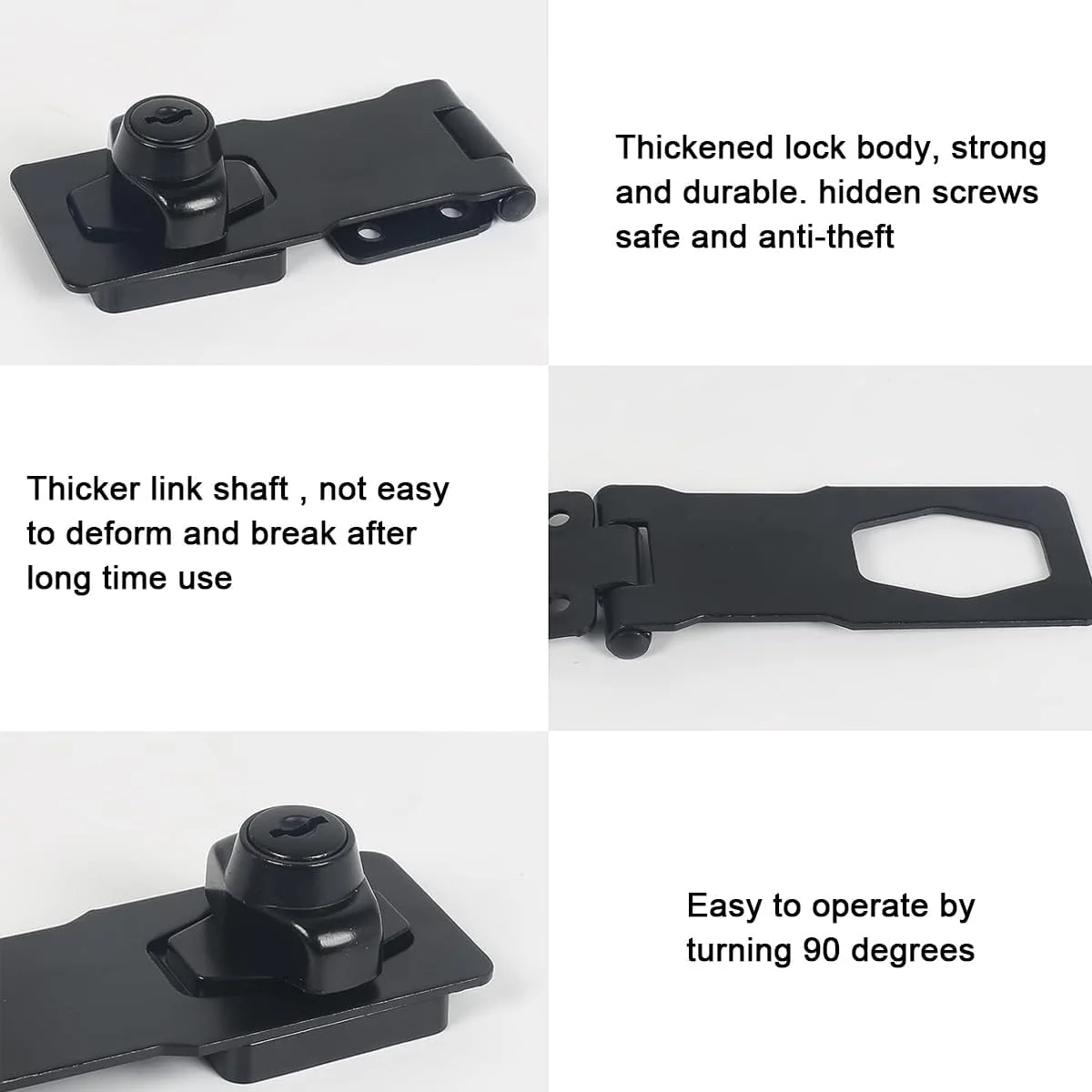 قفل درب HANNEA® بسته 2 عددی، قفل کشو، قفل زبانه فلزی 3 اینچی با کلید، قفل ایمنی میز کابینت پرونده، مشکی، ایمنی کودک، درب منزل و محل کار، کابینت، درب انبار