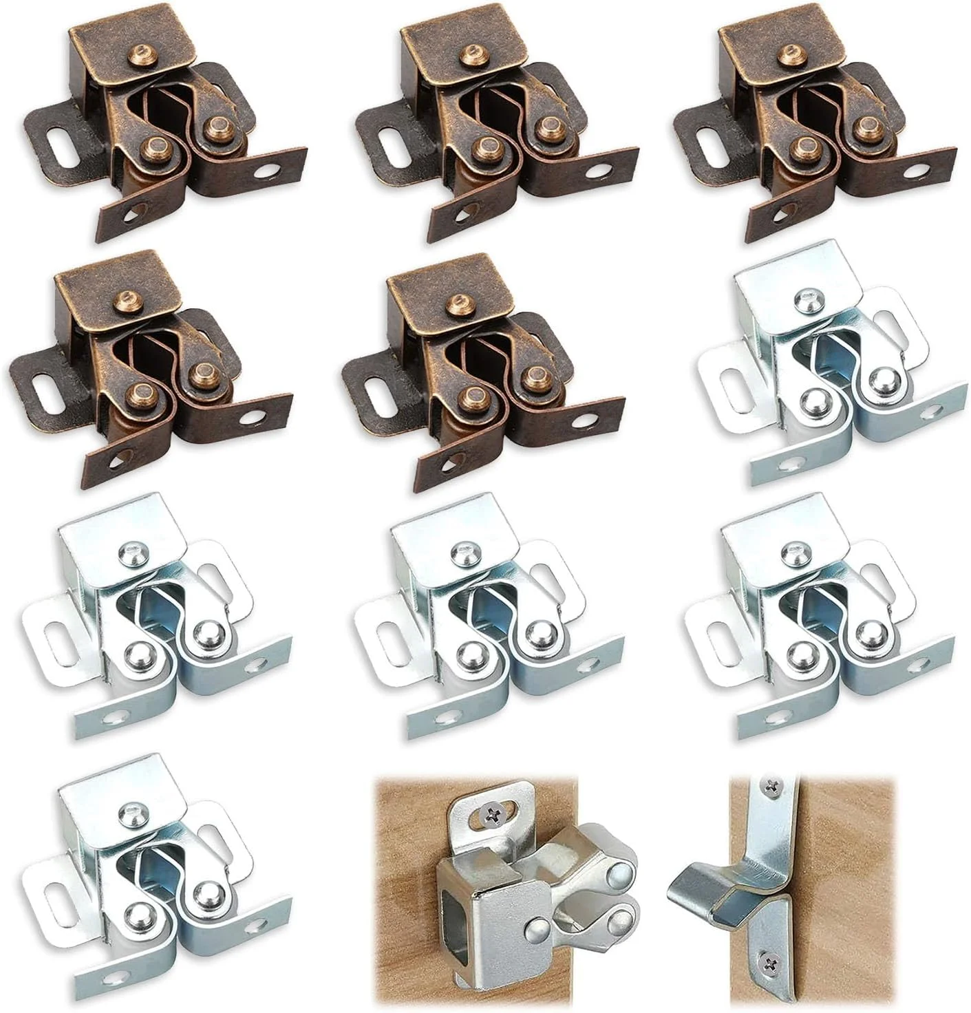 گیره درب کابینت مبلمان، گیره دو غلتکی درب کمد 10 عددی، گیره قوی درب کابینت دو غلتکی با پیچ / استیل ضد زنگ برای درب کابینت / آشپزخانه / درب کمد