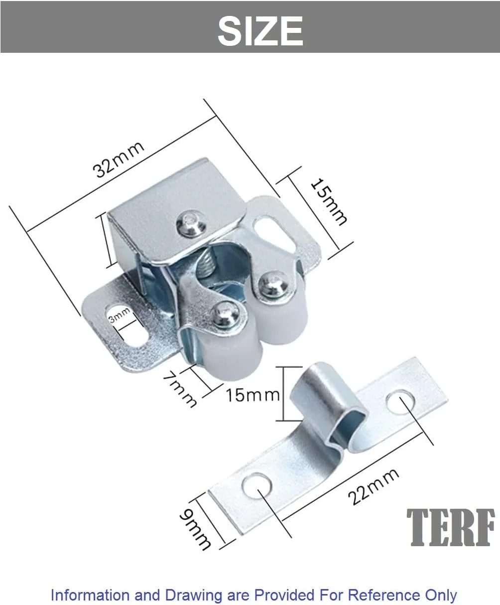 قفل دو غلتکی سنگین TERF® با روکش برنزی به همراه پیچ نصب، مناسب برای کابینت، آشپزخانه، حمام، کمد، جالباسی، کشو و درب - بسته 8 عددی