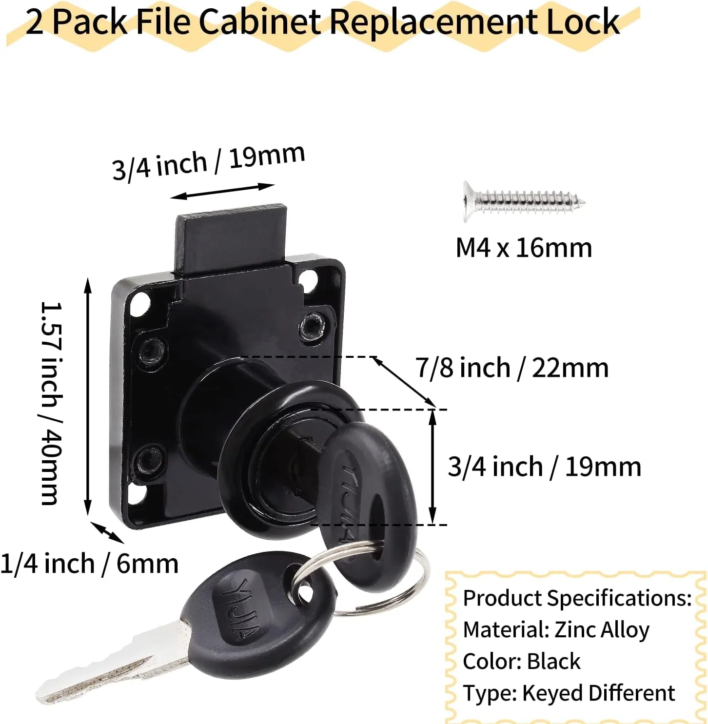 قفل کابینت فایل اکسفور بسته 2 عددی - طول سیلندر 7/8 اینچ / 22 میلی متر، قفل رومیزی، قفل صندوق پستی، قفل کشوی میز، کلید متفاوت، مقاوم در برابر زنگ زدگی و نصب آسان