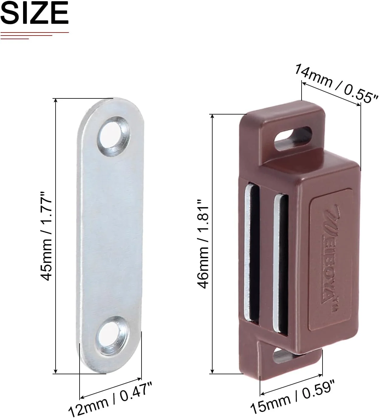 قفل مگنتی کابینت DTGN، ابعاد 46x15 میلی‌متر - بسته‌ی 8 عددی - مناسب برای درب کابینت آشپزخانه، کشو و مبلمان - بست مگنتی پلاستیکی ABS برای درب کمد - قهوه‌ای