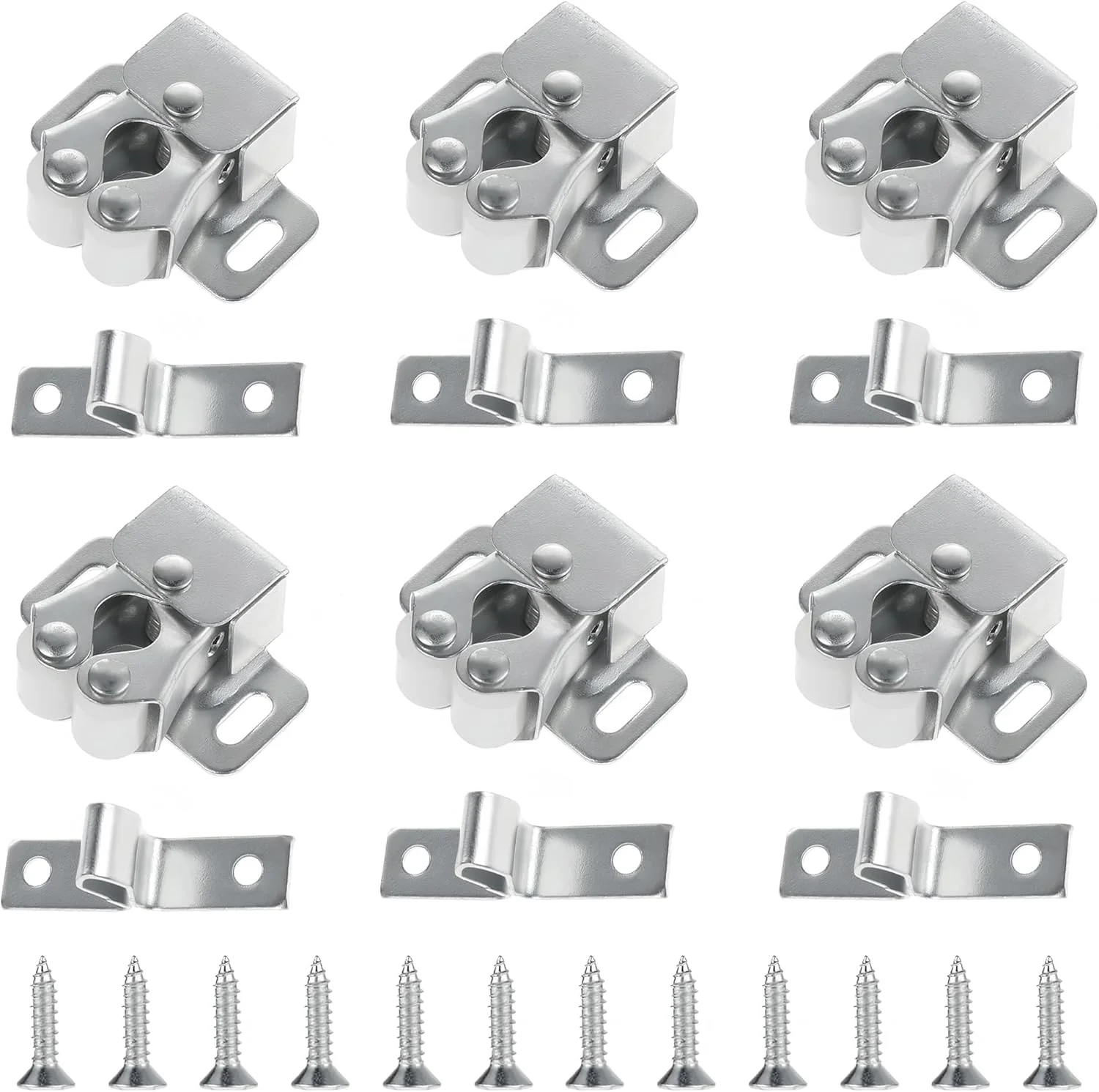 گیره درب کابینت 6 عددی، سخت افزار قفل غلتکی قوی، قفل درب غلتکی دوتایی با پیچ، برای کابینت آشپزخانه، کمد لباس، مبلمان منزل (نقره ای)