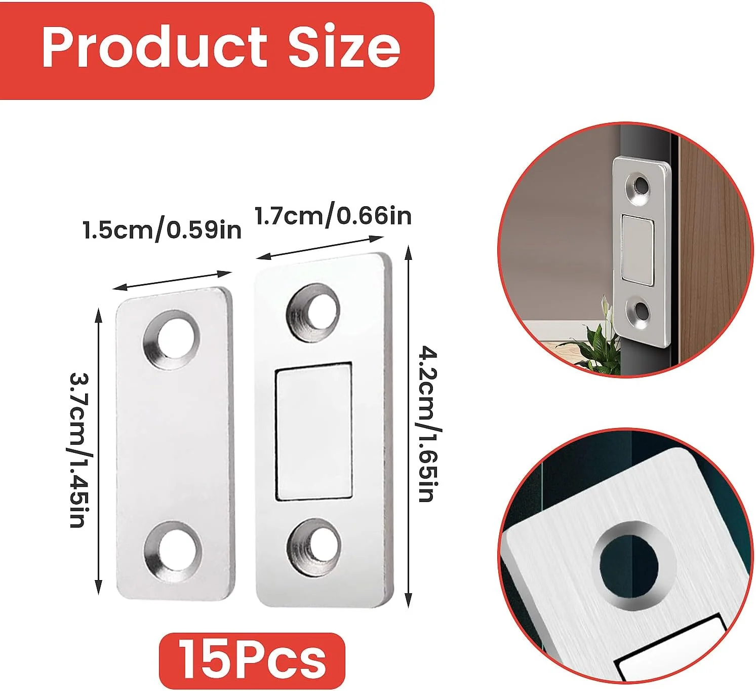 مگنت درب کابینت، بسته 15 عددی مگنت فوق العاده نازک درب با چسب خودکار و بست پیچی برای بستن درب کمد، کشو، مبلمان، نقره ای