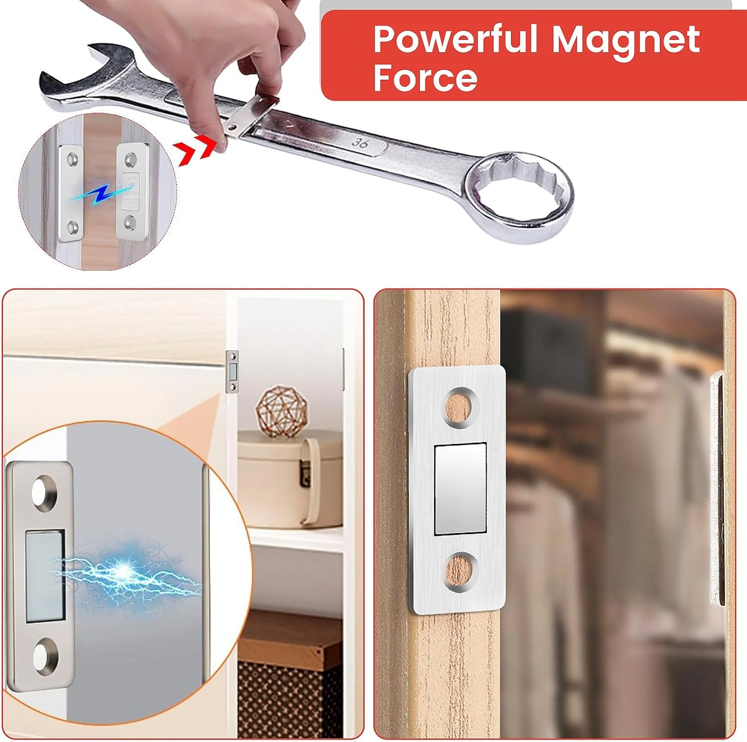 مگنت درب کابینت، بسته 15 عددی مگنت فوق العاده نازک درب با چسب خودکار و بست پیچی برای بستن درب کمد، کشو، مبلمان، نقره ای