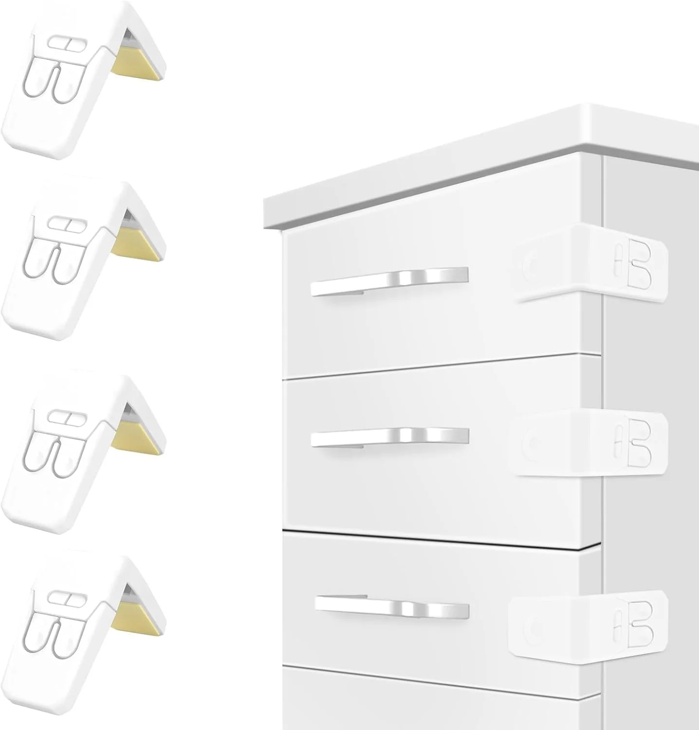 قفل کابینت کودک، 4 عدد قفل ایمن کشو، قفل کشو زاویه دار ضد کودک، قفل ایمنی کودک برای کابینت ها، قفل های گوشه ای ضد کودک دکمه دار با چسب قوی برای کابینت