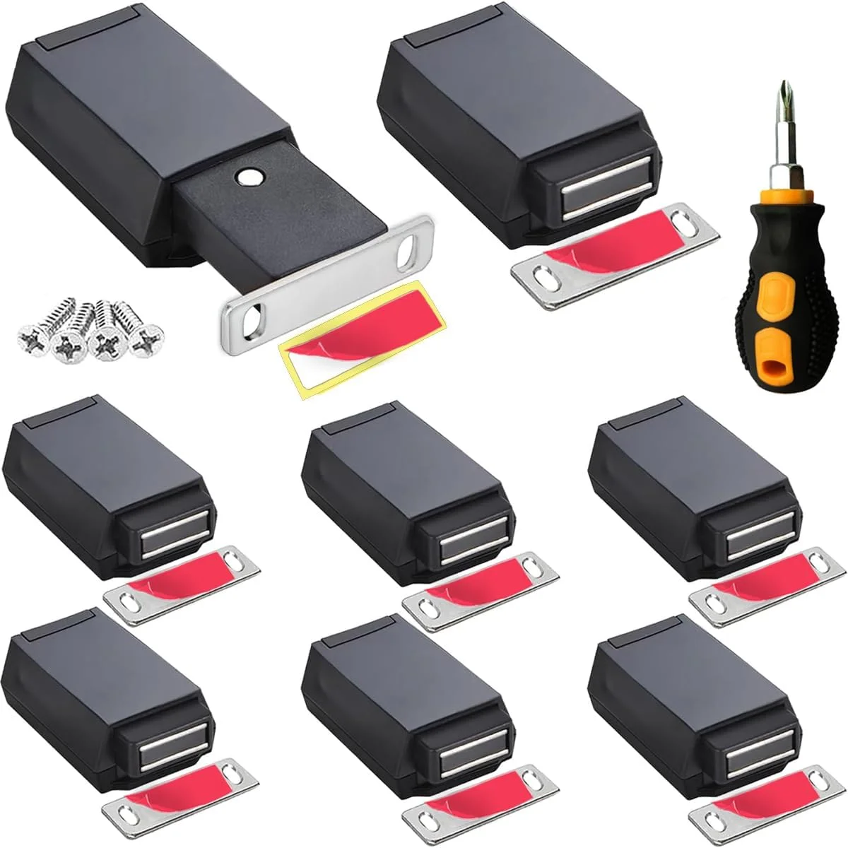 ست 8 عددی سخت افزار کابینت فشاری سنگین + پیچ گوشتی CBRIVE قفل و بست مغناطیسی فشاری برای درب مخفی، مگنت لمسی، رهاسازی فشاری، نوک کشویی، بستن کمد، باز شدن قوی، مشکی