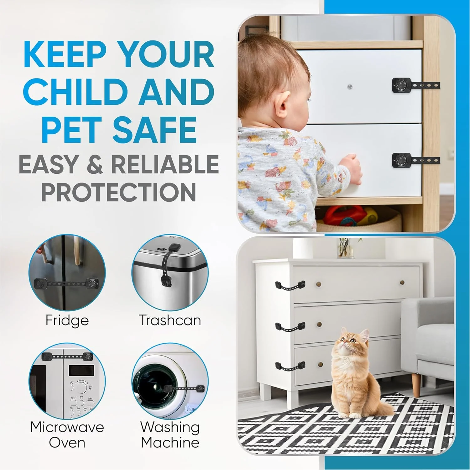 قفل ایمنی کودک H&A برای کابینت و کشو، قفل کودک قابل تنظیم برای ایمن سازی کمد، یخچال، درب های شیشه ای کشویی، پنجره ها، لوازم خانگی و درب توالت - مشکی (بسته 6 عددی)