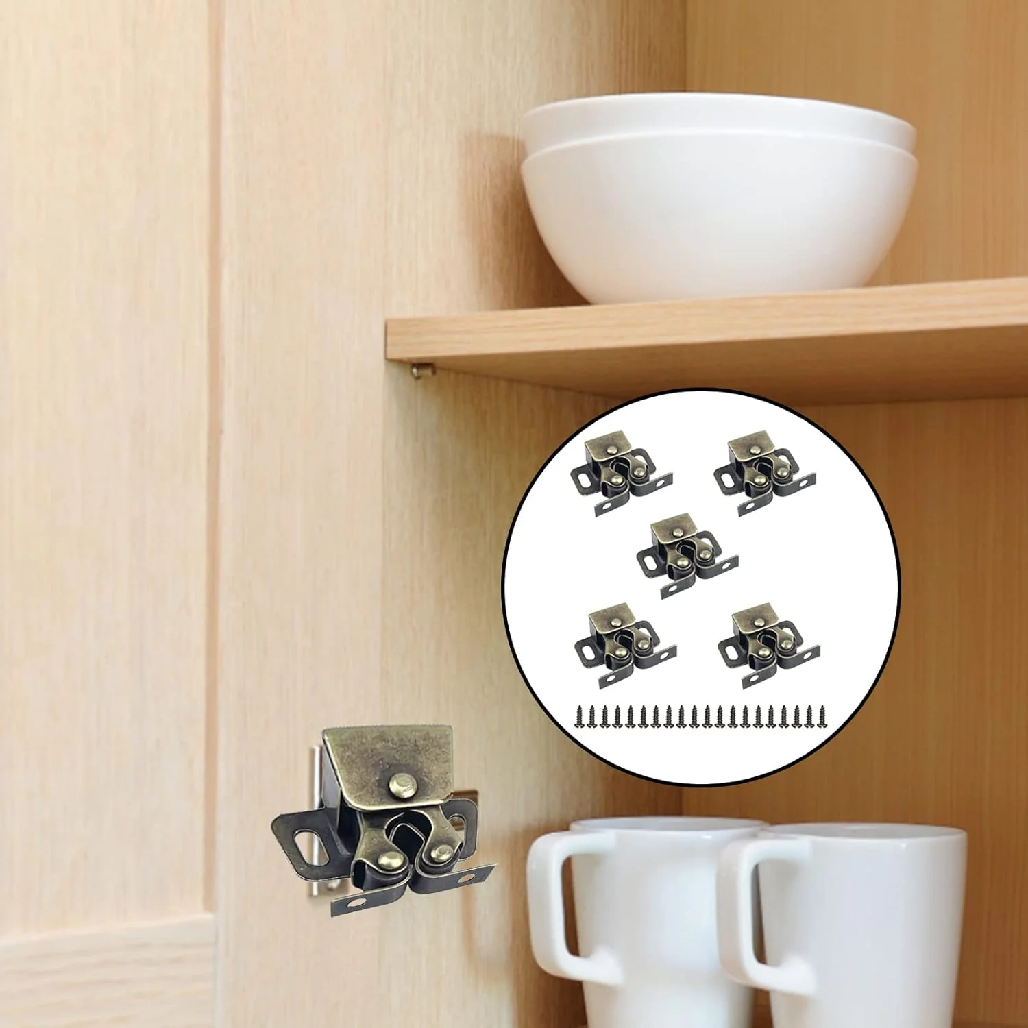 5 عدد قفل درب روکش شده با روی، قفل درب کابینت با غلتک دوبل و نگهدارنده قوی به همراه پیچ، قفل غلتکی دوقلو کمد، قفل غلتکی دوبل، مناسب برای کابینت و کمد مبلمان منزل (برنزی عتیقه)