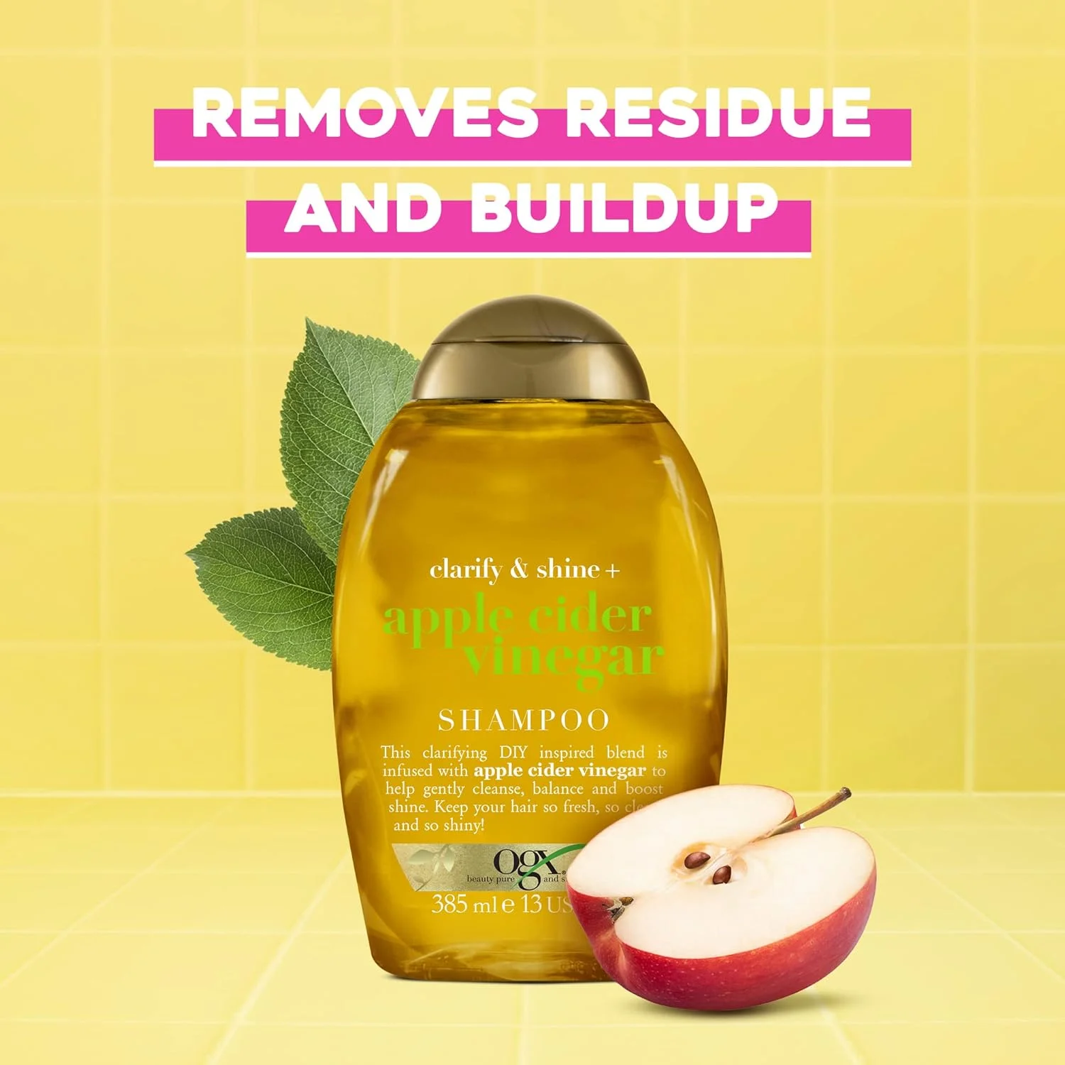 شامپو سرکه سیب OGX Clarify & Shine+ با فرمول ضد شوره (385 میلی لیتر)، مراقبت ملایم و در عین حال موثر برای تسکین شوره سر و خارش پوست سر، تقویت سلامت پوست سر و جلوگیری از پوسته پوسته شدن