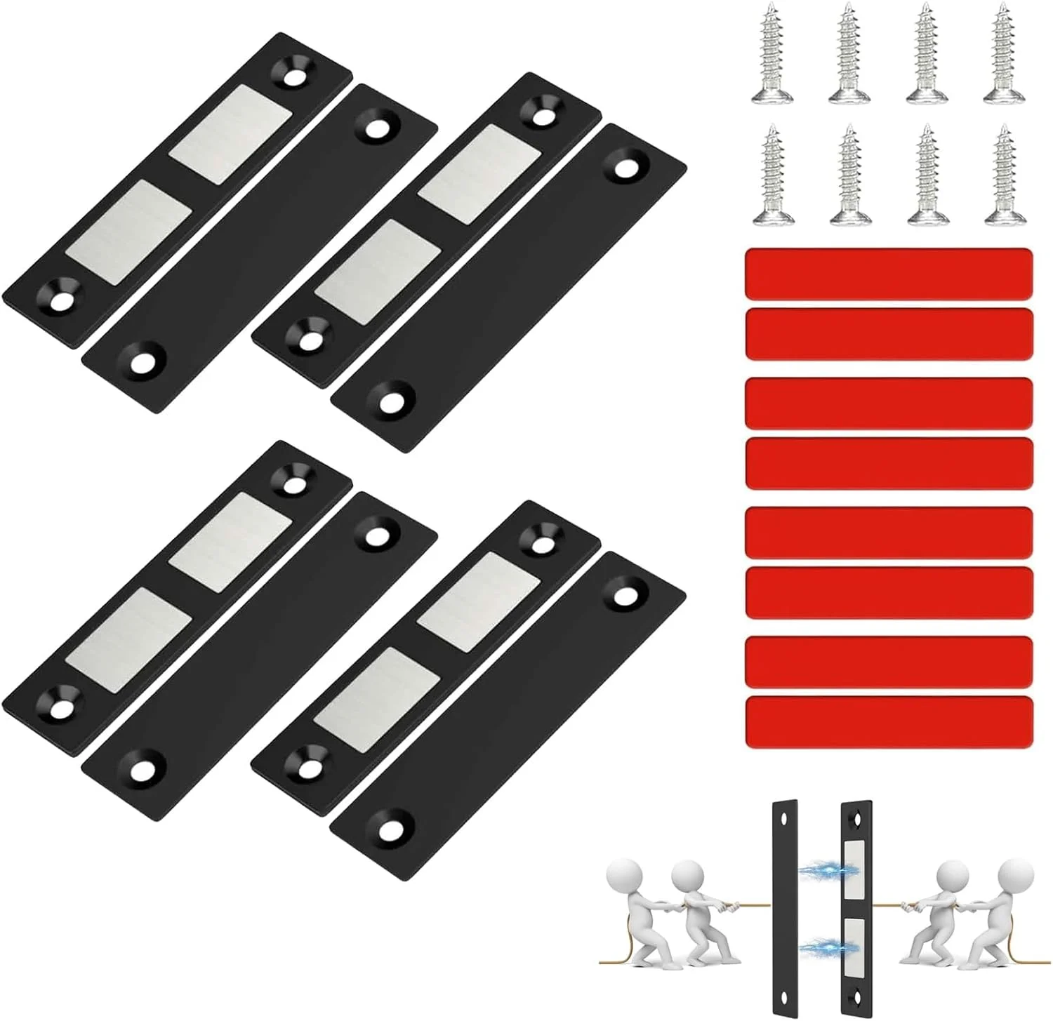 مگنت درب کابینت، 4 جفت مگنت درب مغناطیسی فوق العاده نازک، مگنت کشو مشکی، مگنت درب باریک، مگنت دوتایی برای بستن درب کمد، گنجه و کابینت مبلمان